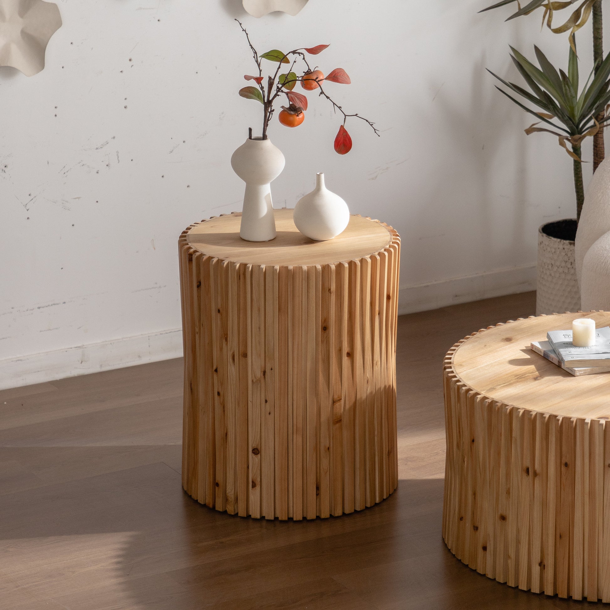 Retro Fashion Style Cylindrical Coffee Table With Vertical Texture Relief Design,Suitable For Living Room,Office,And Dining Room Set Of 2 Natural Mdf