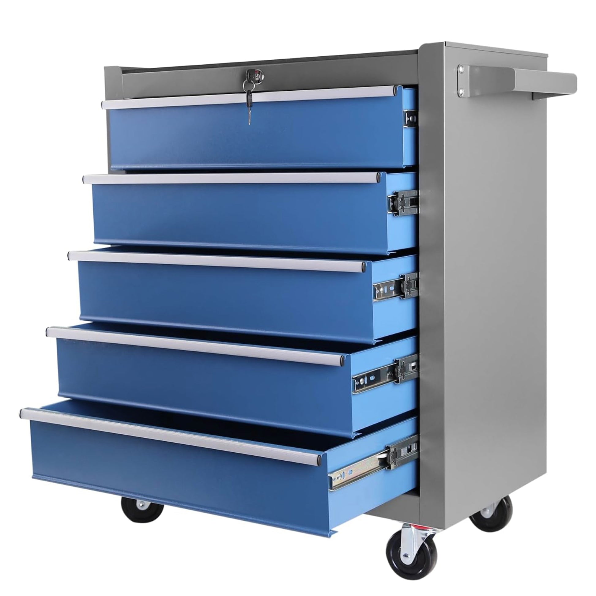 High Capacity Rolling Tool Chest With Wheels And Drawers, 5 Drawer Tool Storage Cabinet Blue Grey Iron