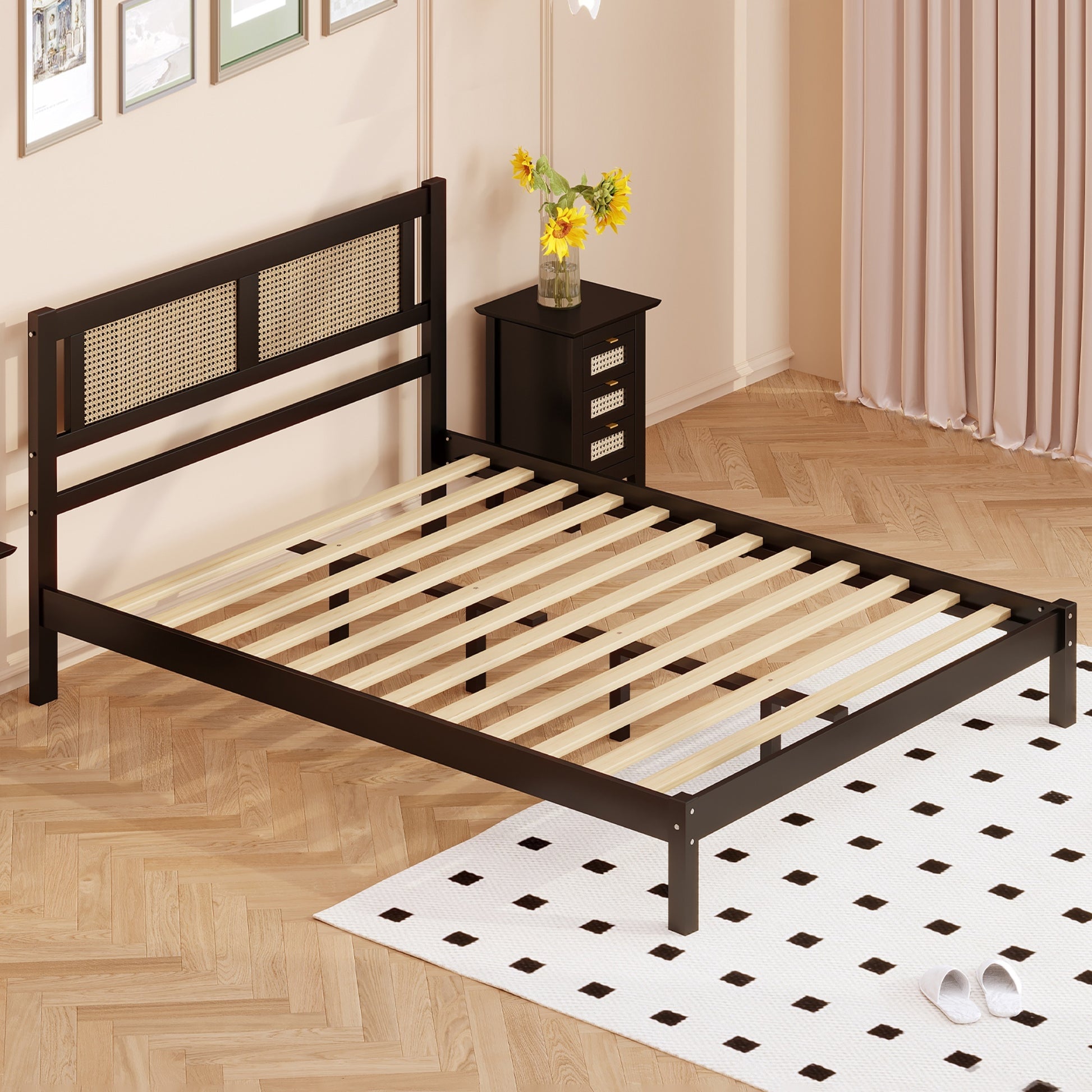 Queen Size Wooden Platform Bed With Natural Rattan Headboard, Exquisite Elegance With Minimalist Charm For Bedroom, Black Black Particle Board