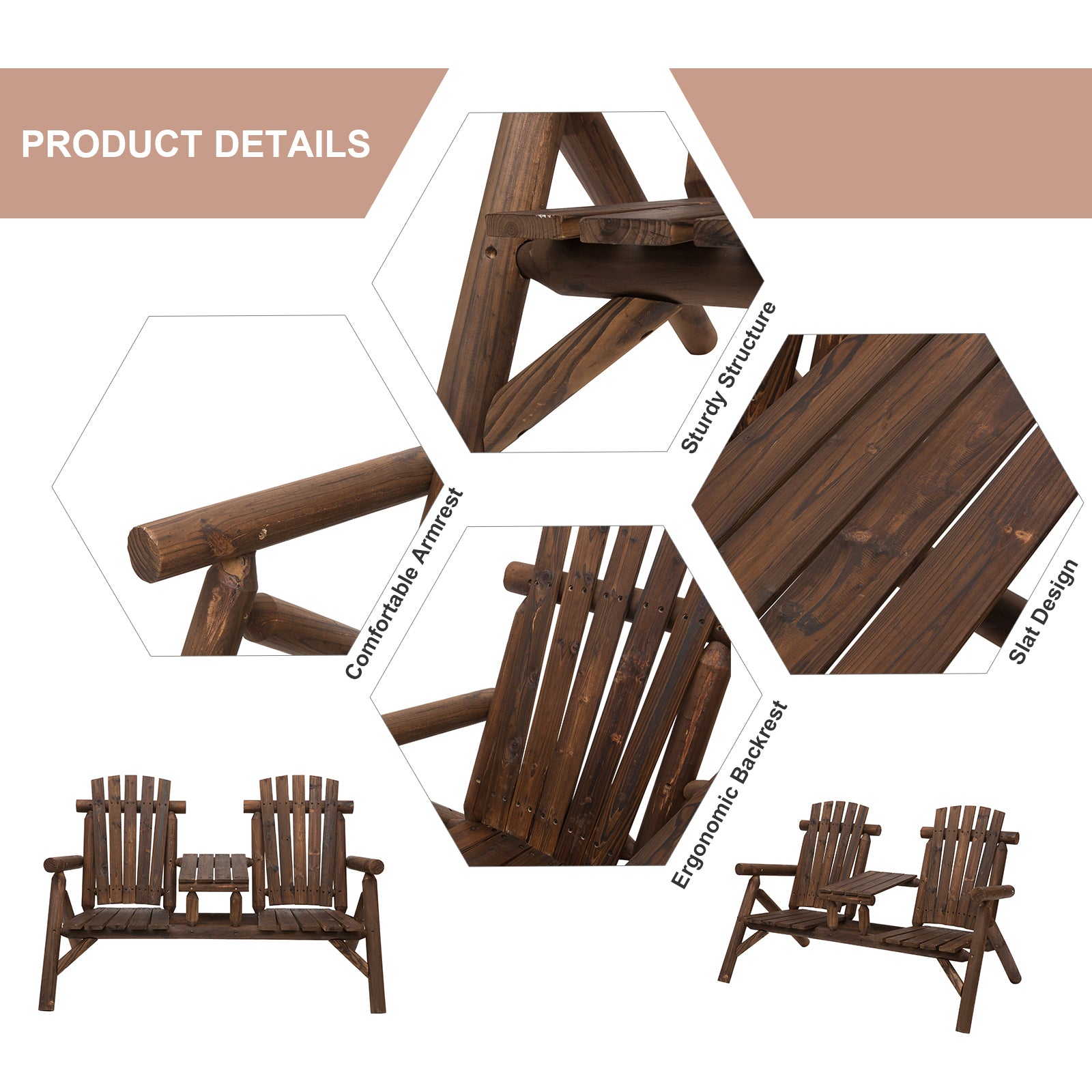 Outsunny 2 Seat Wooden Adirondack Chair, Patio Bench With Table, Outdoor Loveseat Fire Pit Chair For Porch, Backyard, Deck, Carbonized Brown Wood