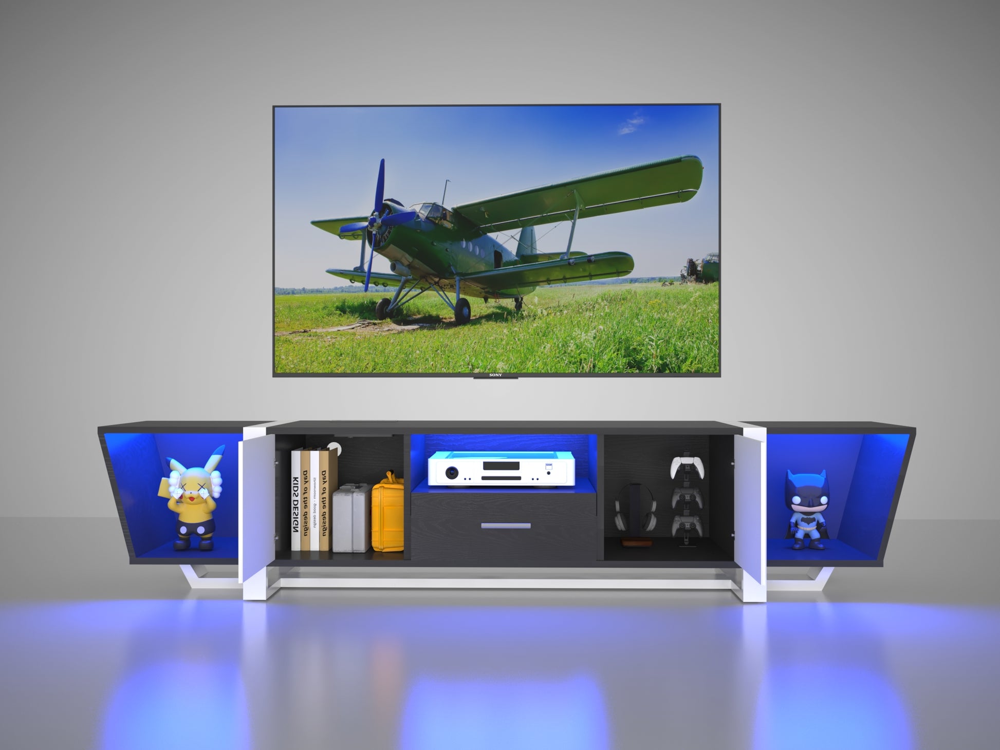 Tv Console With Large Storage Cabinets, Biplane Shape Design Led Tv Stand With Remote Control, Multiple Modes Changing Lights Modern Entertainment Center With Power Cord, Black Black Primary Living Space 70 Inches 60 69 Inches Modern 70 Inches Particle