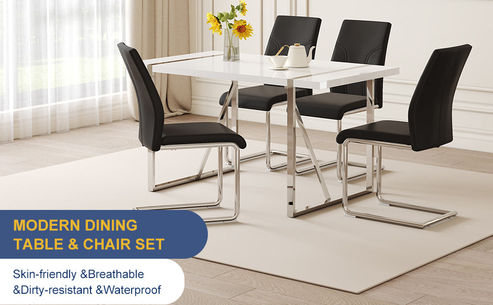 Table And Chair Set.55"X31.5" White Mdf Painting Dining Table Set With 4 Black Pu Chairs.Showcasing A Modern And Stylish Look.Suitable For Dining Room.Mdf Painting,Iron Pipe Plating,Pu Chiairs.