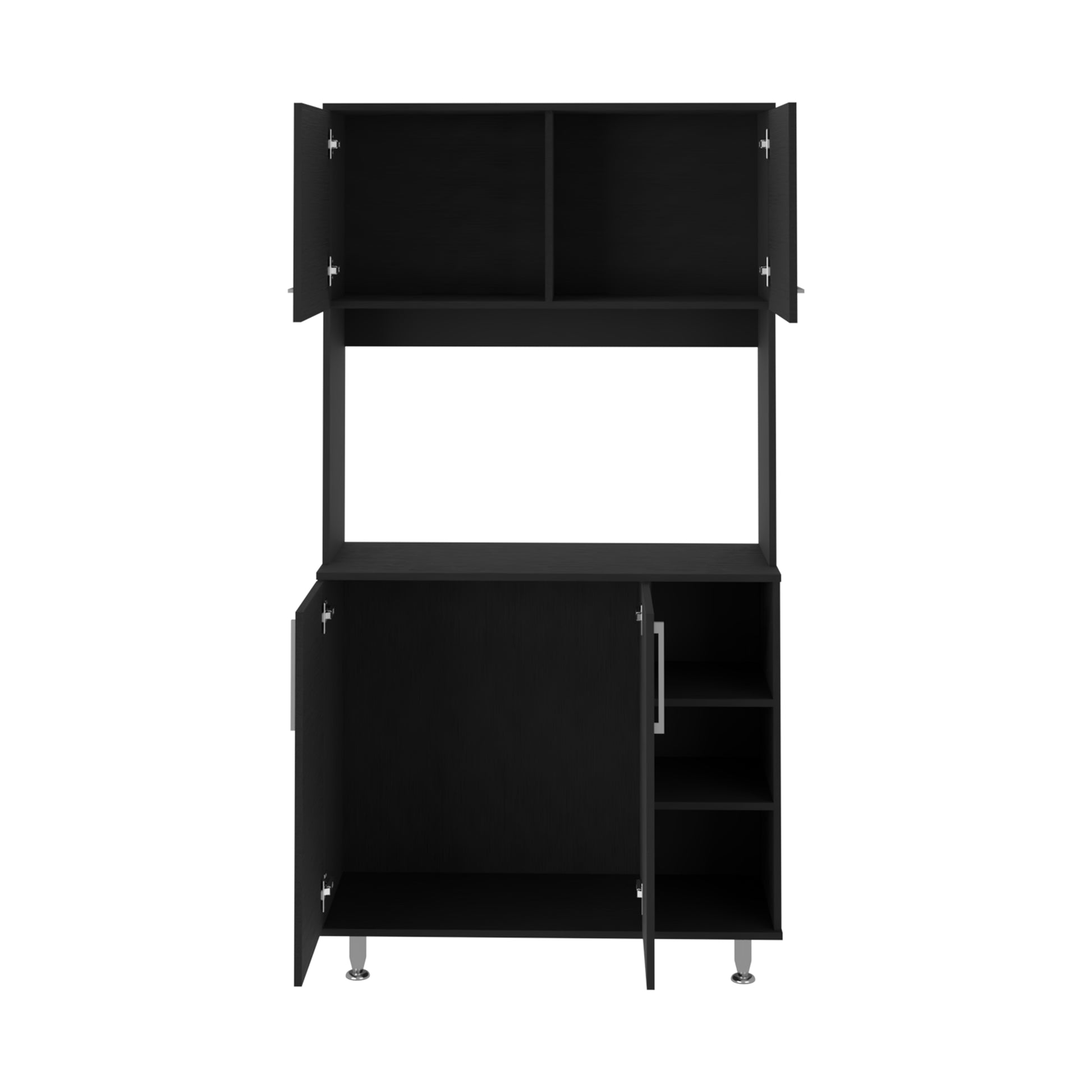 Kitchen Pantry Double Door Cabinet, Four Legs, Three Shelves, Black Black Solid Wood Mdf Engineered Wood