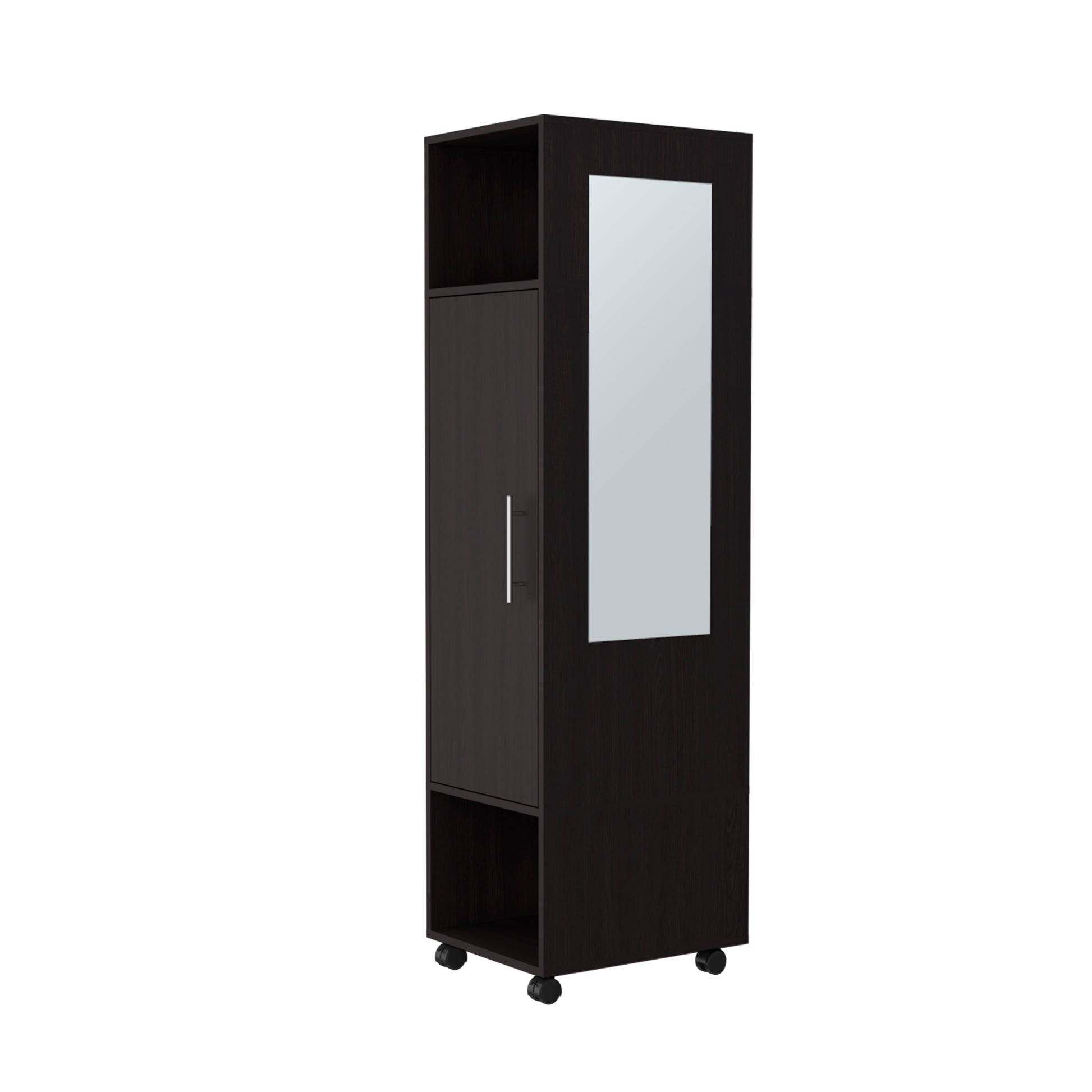 Cluster 63" Tall Wardrove One Door Cabinet With Mirror, Three Shelves, Casters And Hanging Rod, Armoire, Bedroom Clothes Storage, Cabinet Organizer Black Particle Board