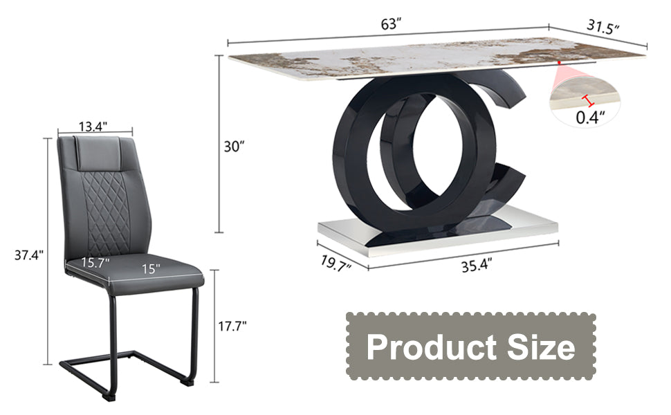 Table And Chair Set.63"X31.5" Marble Pattern Sintered Stone Table With Mdf Oc Shaped Bracket.Paired With 4 Dark Gray Pu Chairs With Black Metal Legs.Suitable For Kitchen,Dining Room,Etc. Black,Dark