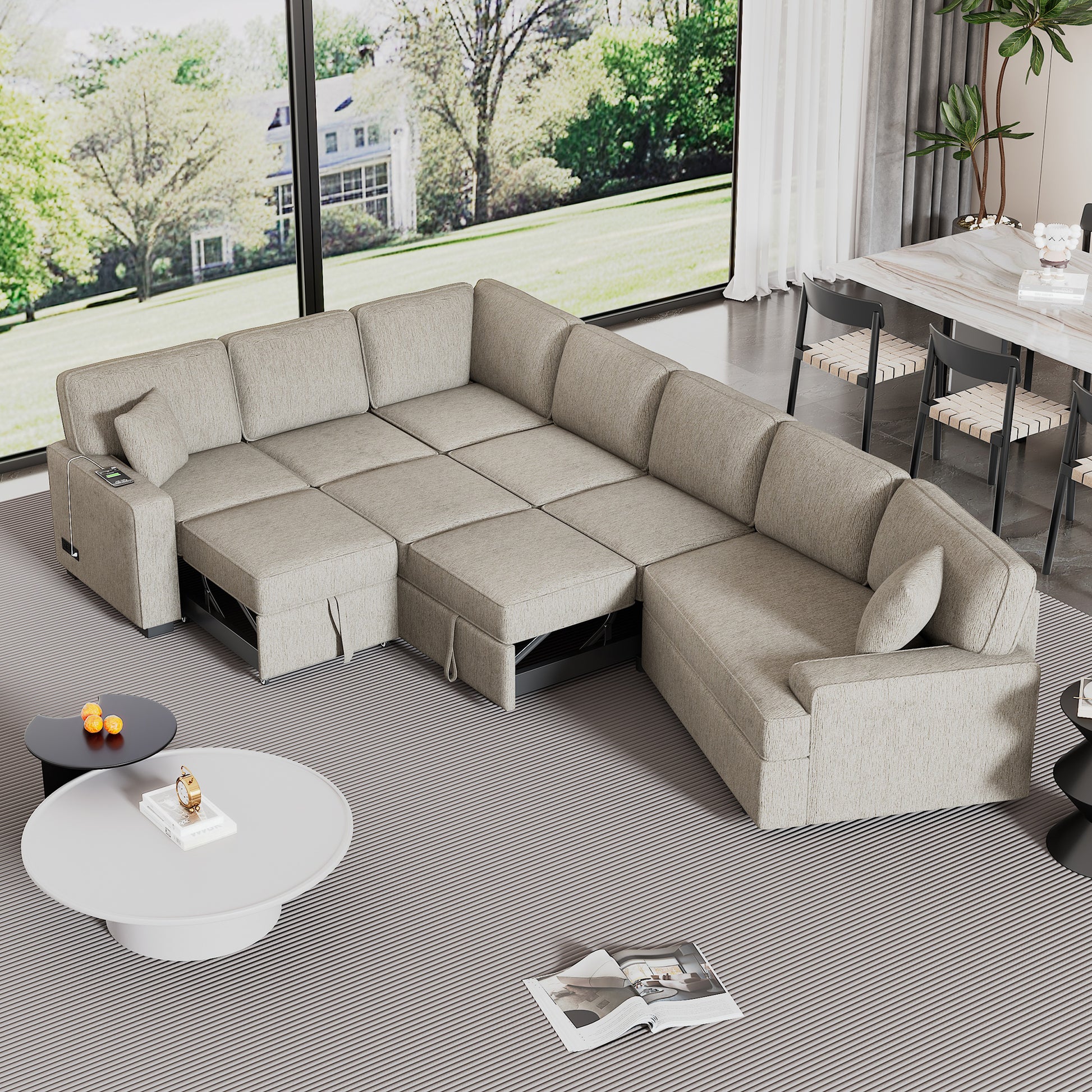 126" L Shaped Sofa Sectional Sofa Couch Pull Out Sofa Bed With Charging Devices And Cup Holders For Living Room, Beige Beige Foam Chenille 6 Seat