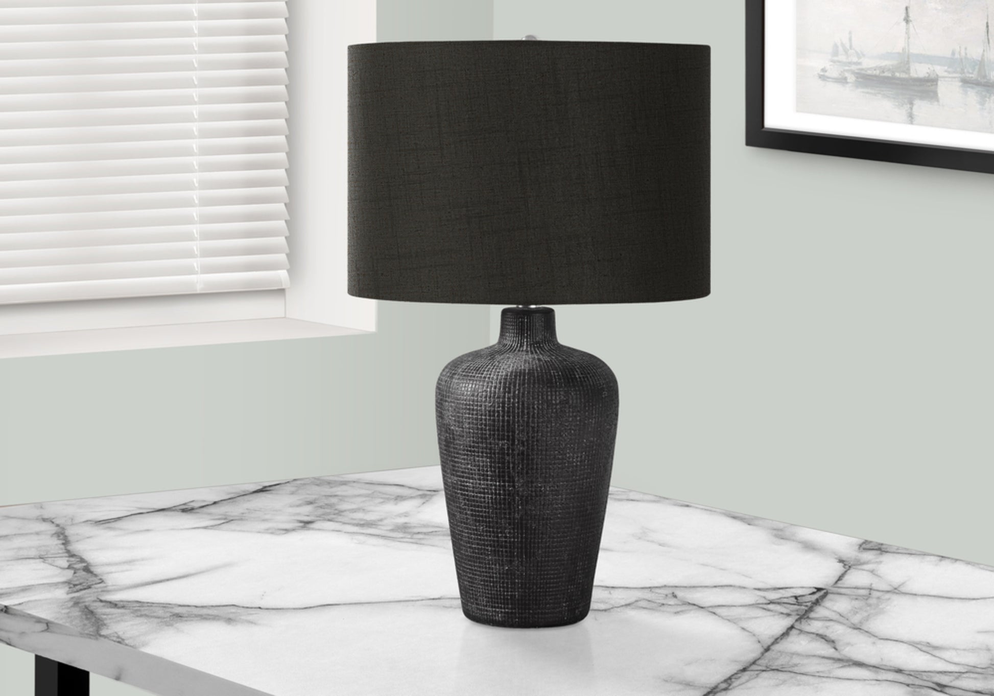 Lighting, Table Lamp, 24"H, Black Ceramic, Black Shade, Contemporary Black Ceramic