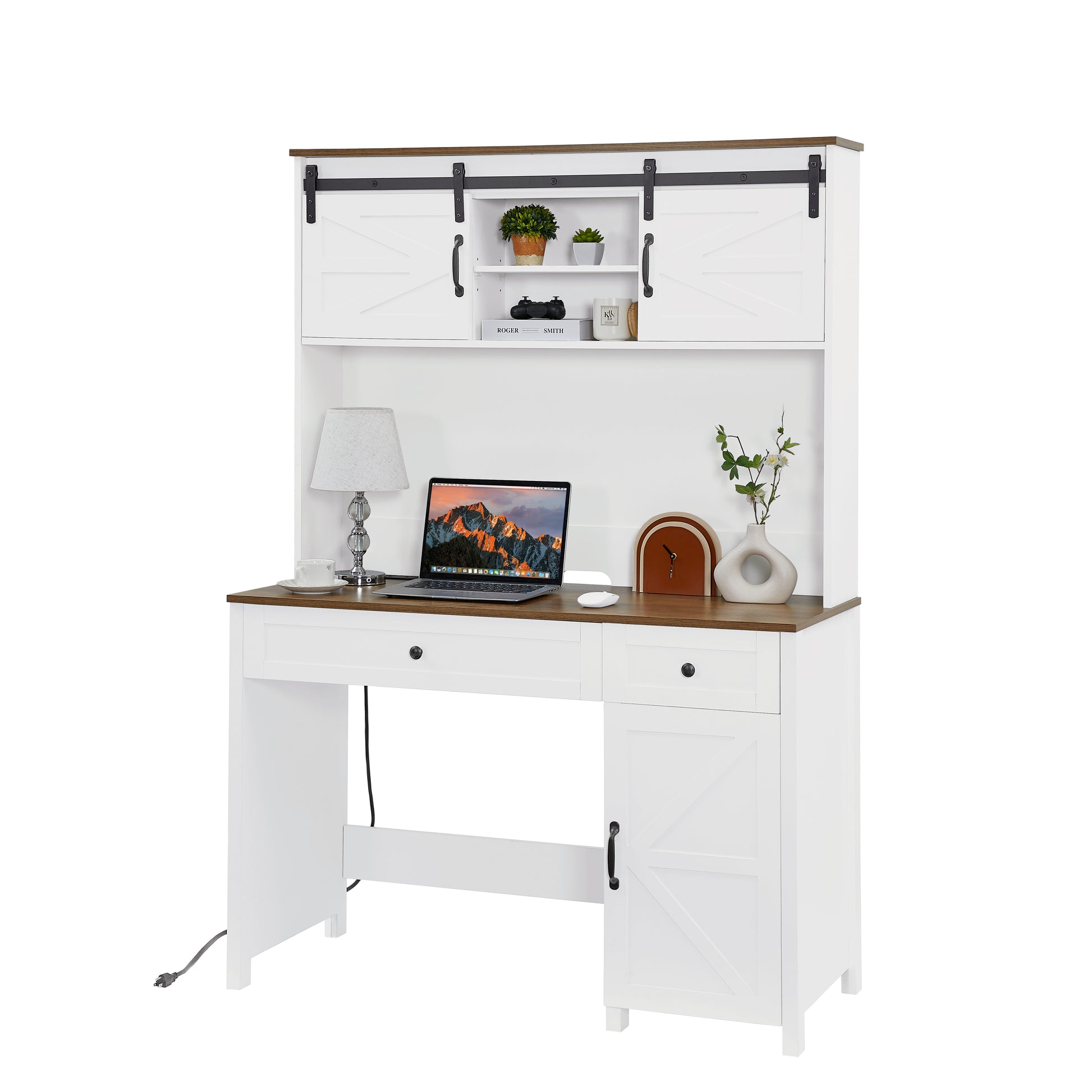 52" Farmhouse Executive Desk With Drawers, Wood Home Office Desk W Charging Station, File Drawer, Storage Cabinet, Rustic Computer Writing Desk Antique White White White Particle Board