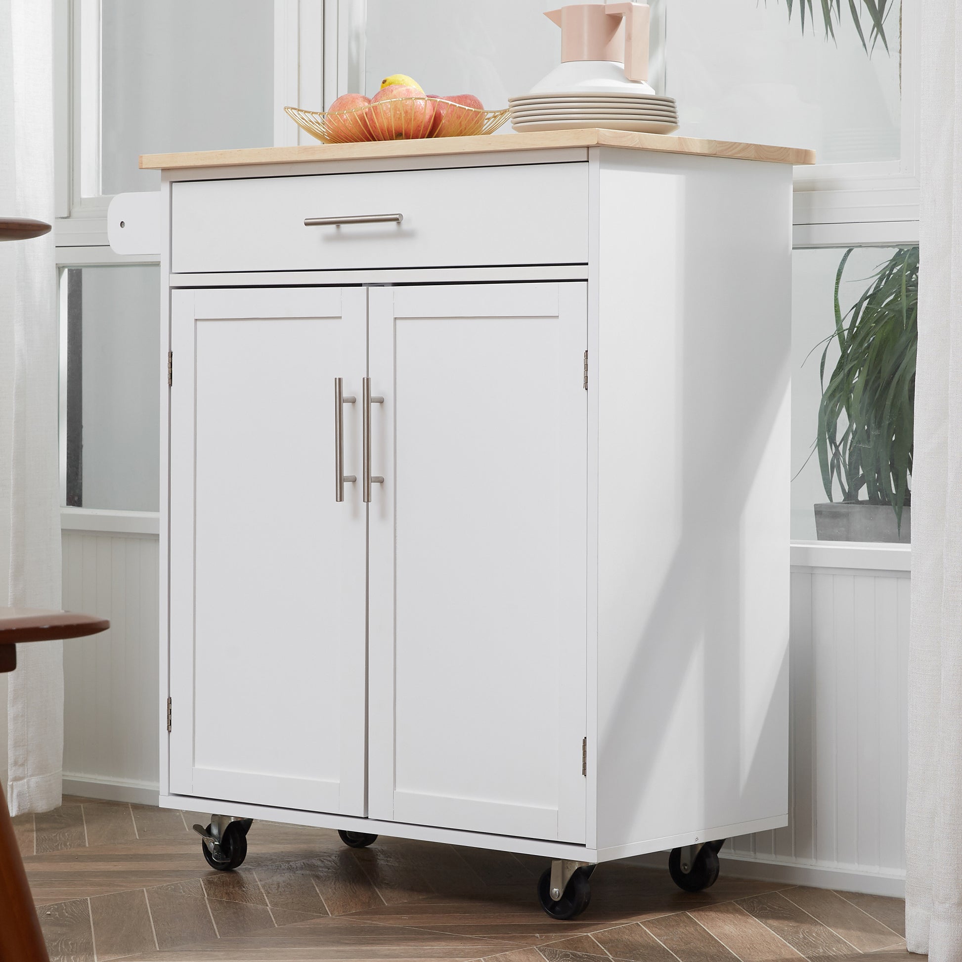 Homcom Kitchen Island Cart Rolling Trolley Cart With Drawer, Storage Cabinet & Towel Rack, White White Rubber Wood