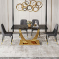 Table And Chair Set.Modern Rectangular Dining Table With Black Textured Stickers Glass Tabletop And Gold Plated Metal Legs.Paried With 4 Comfortable Chairs With Pu Seats And Black Metal Legs. Black Gold Seats 4 Glass Metal