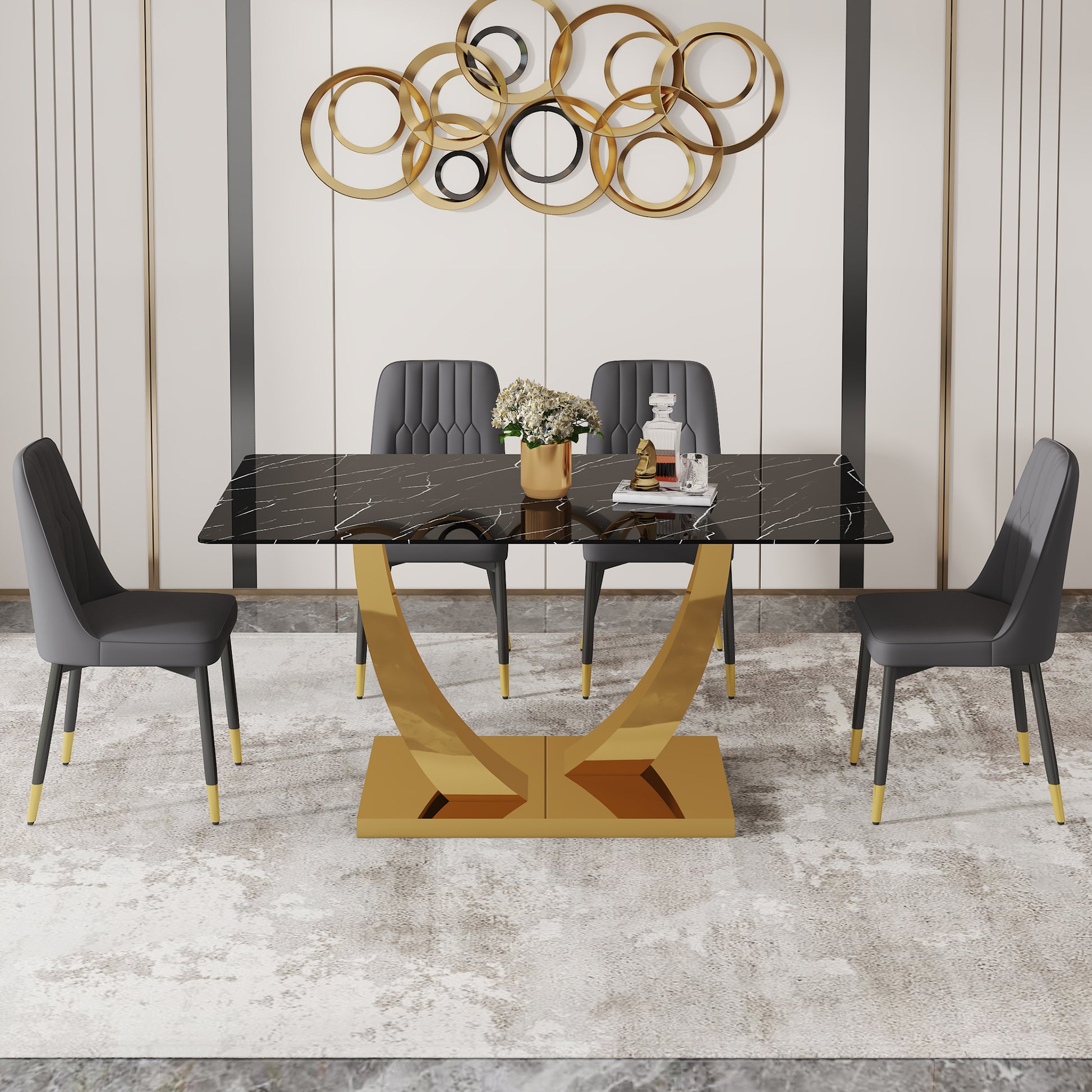 Table And Chair Set.Modern Rectangular Dining Table With Black Textured Stickers Glass Tabletop And Gold Plated Metal Legs.Paried With 4 Comfortable Chairs With Pu Seats And Black Metal Legs. Black Gold Seats 4 Glass Metal