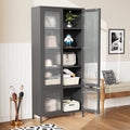 Large Metal Storage Cabinet Display Cabinet With 4 Glass Doors 5 Shelves Side Cabinet Bookcase Freestanding Cabinet For Bedroom Living Room Pantry Home Office Black, Fluted Tempered Glass Black Bedroom Classic Steel