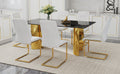Table And Chair Set.The Table Has A Glass Tabletop With Imitation Marble Pattern Stickers And Stainless Steel Golden Table Legs. Paried With Comfortable Chairs With Pu Seats And Metal Legs. Gold Black Seats 6 Glass Metal
