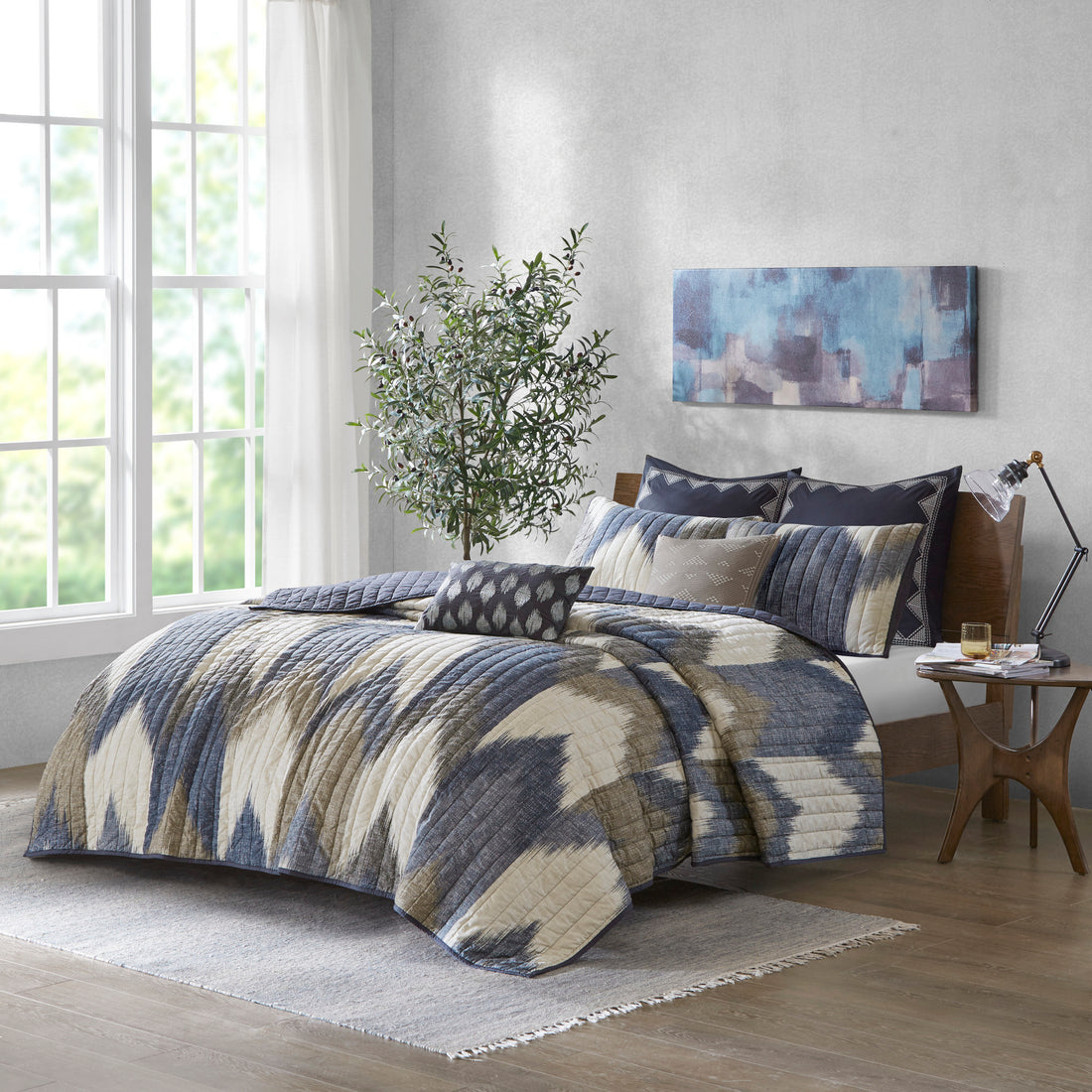 3 Piece Printed Cotton Quilt Set Navy King Cal King King Navy Cotton