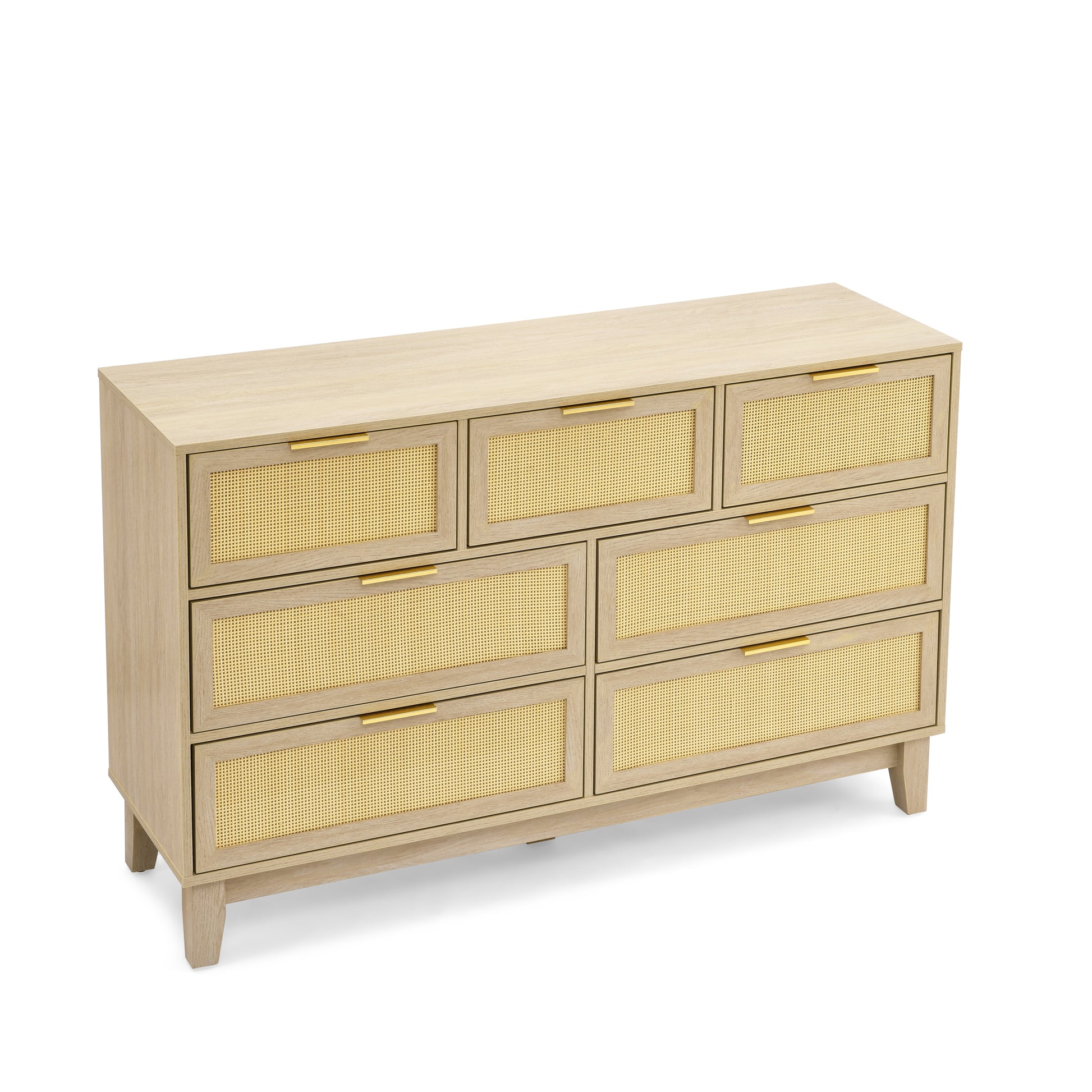 Bedroom 7 Drawer Dresser, Rattan Dresser Modern Wooden Chest Of Drawers With Spacious Storage Space For Bedroom Hallway Living Room Natural Wood Solid Wood Mdf