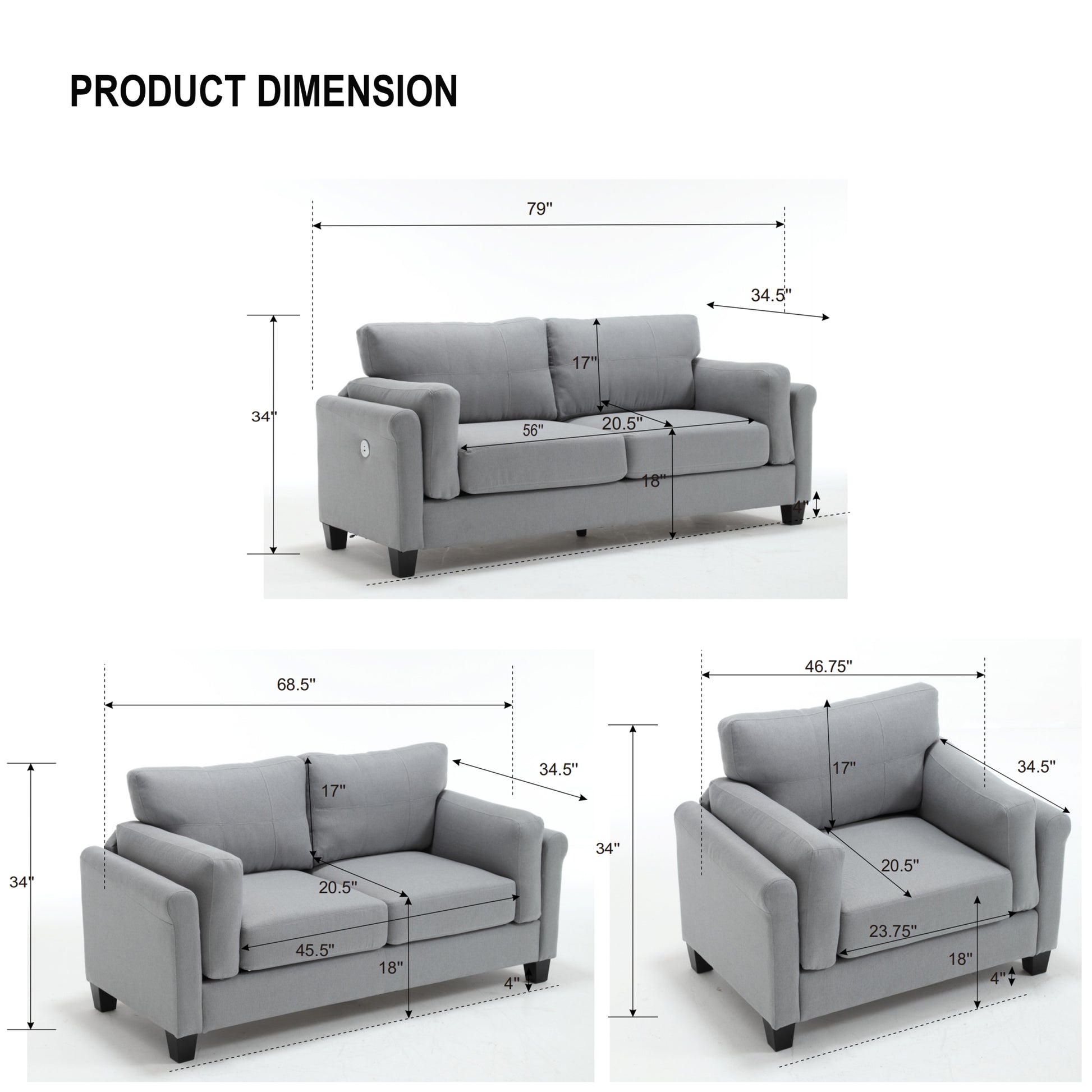 Oversized Modern 3 Pieces Sofa Set For Living Room Double Armrest Comfy Deep Seat Furniture Sets Chair & Loveseat & 3 Seater Couch, Gray Gray Primary Living Space Fabric 6 Seat