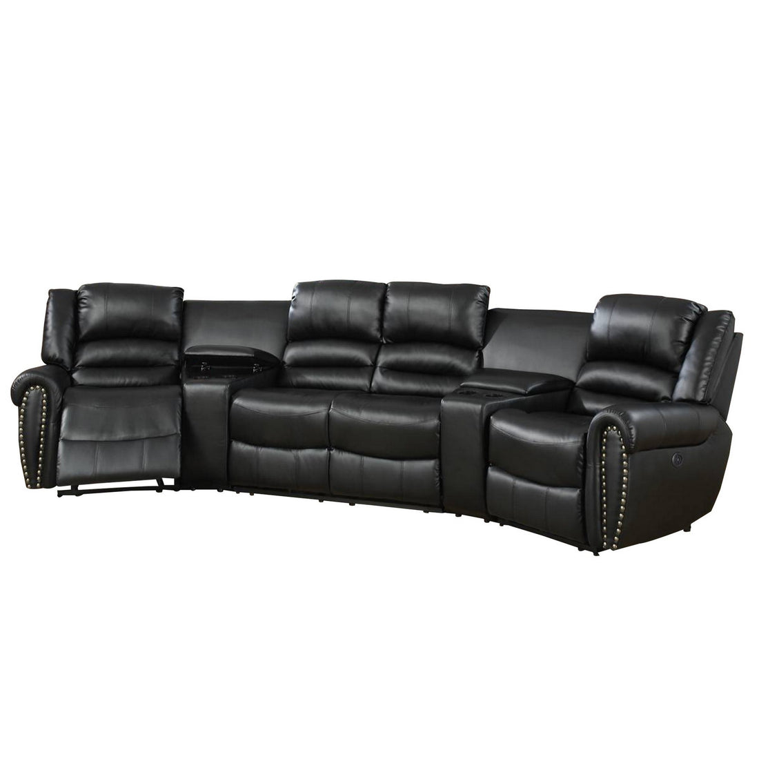 Zib Power Reclining Sectional Sofa Set, Usb Port, Bonded Leather, Jet Black Black Bonded Leather 5 Seat