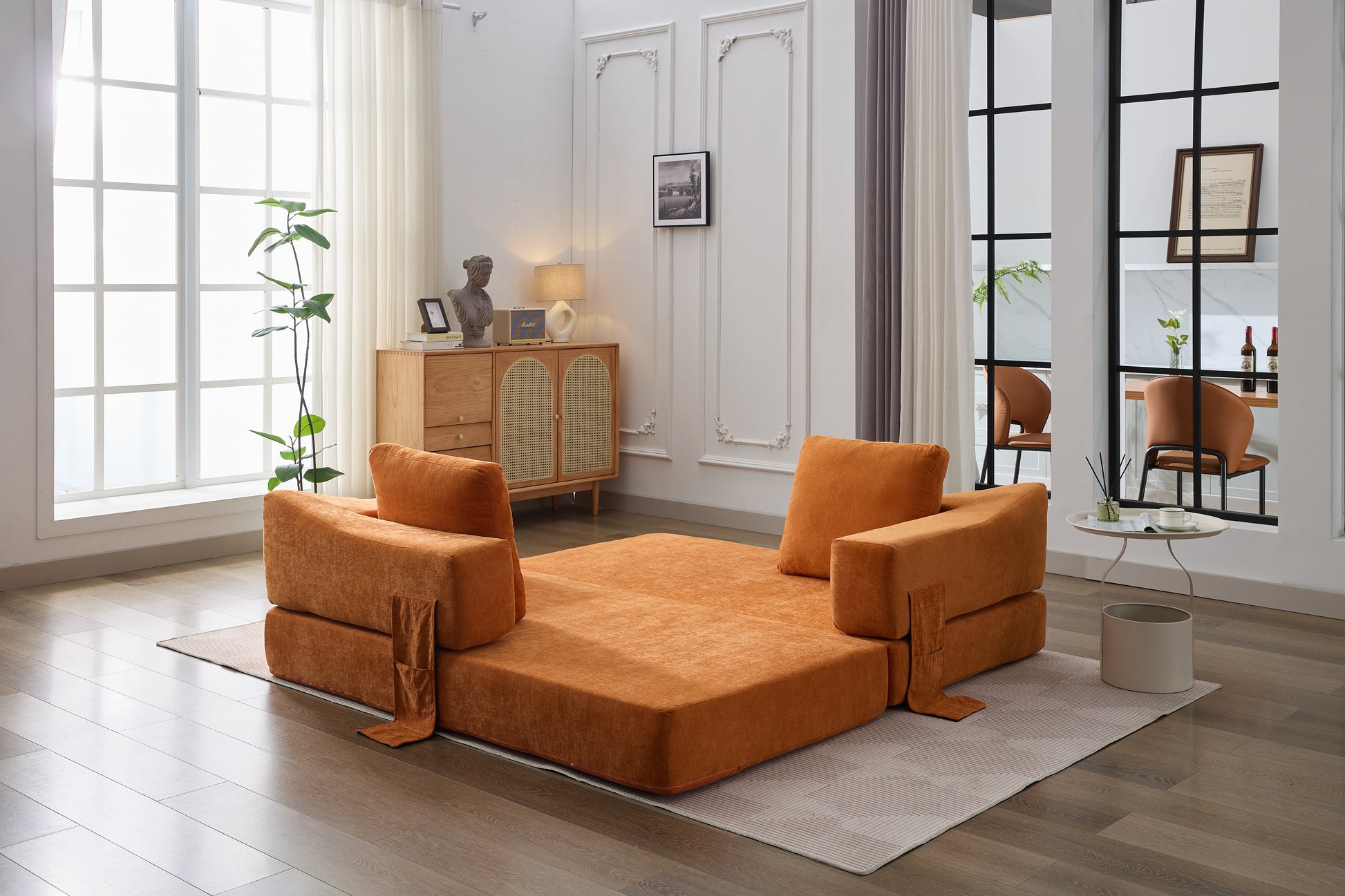 Modern Minimalist Sofa, Fold Out Sofa Bed, Convertible Chair Floor Couch & Sleeping Mattress For Living Room, Bedroom, Apartment, Removable Backrest, Orange Orange Chenille Soft Vintage Chenille 2 Seat