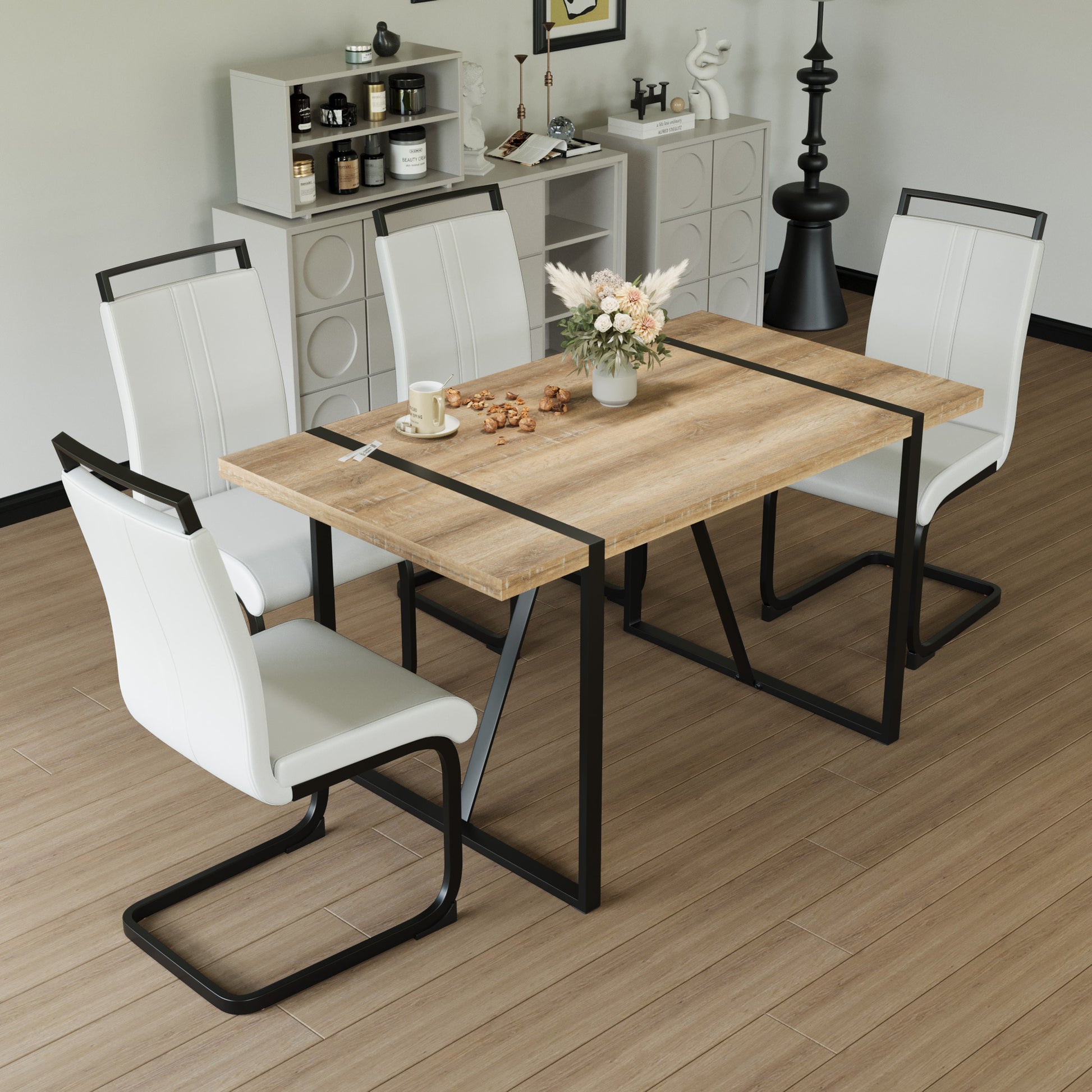 55 " Rural Industrial Rectangular Mdf Wood Dining Table Set And Pu Armless Dining Chair Set 4,Kitchen Black Metal Table Legs Dining Table And Chair Set Wood Seats 4 Mdf