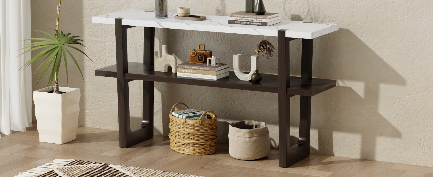 Retro Elegant Console Table With Marble Effect Top And Versatile Storage Solutions For Entryway And Living Room Espresso Espresso Solid Wood Mdf