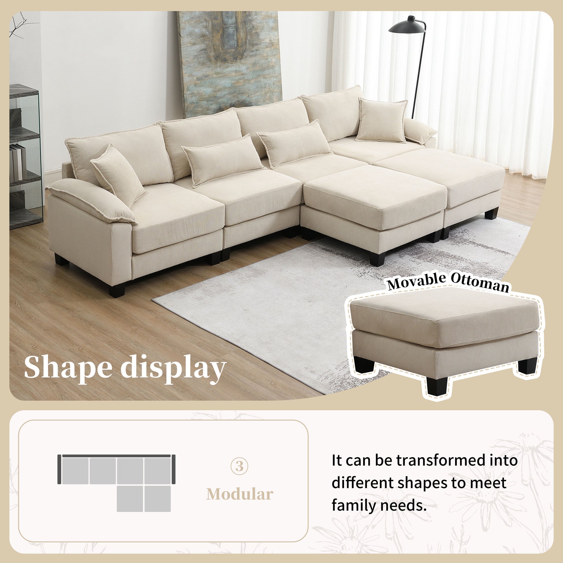 Wide Seat Corduroy Modular Sectional Sofa Bed,Sleeper Couch Set With Armrest Pillow,6 Seat Free Combination Sofa With Ottomans,Oversized Indoor Furniture For Living Room, 2 Colors Beige Corduroy 6