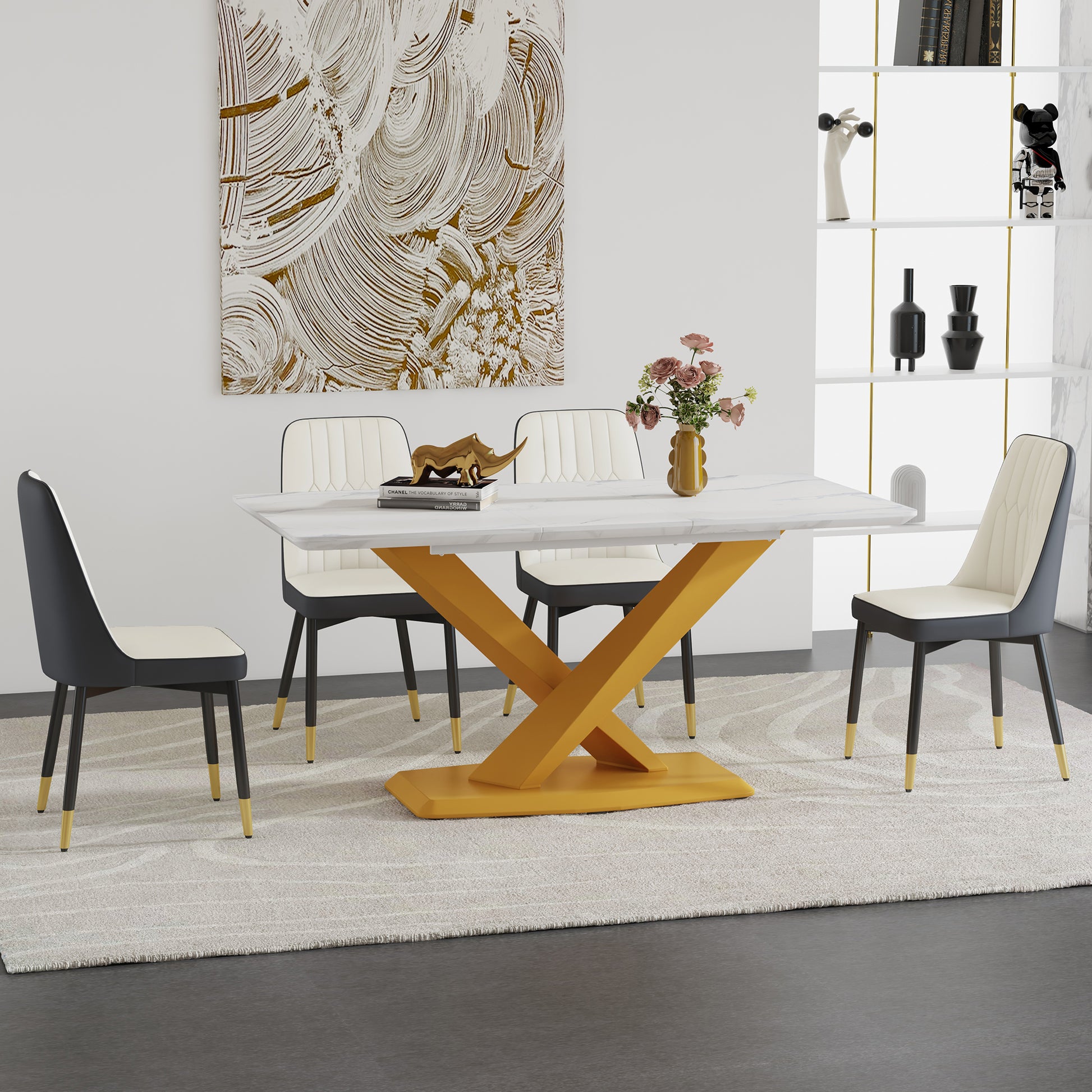 Table And Chair Set.The Table Is Equipped With A Marble Patterned Mdf Tabletop And Gold Table Legs.Paired With 4 White And Dark Gray Spliced Dining Chairs With Pu Cushions And Black Metal Legs. Dark