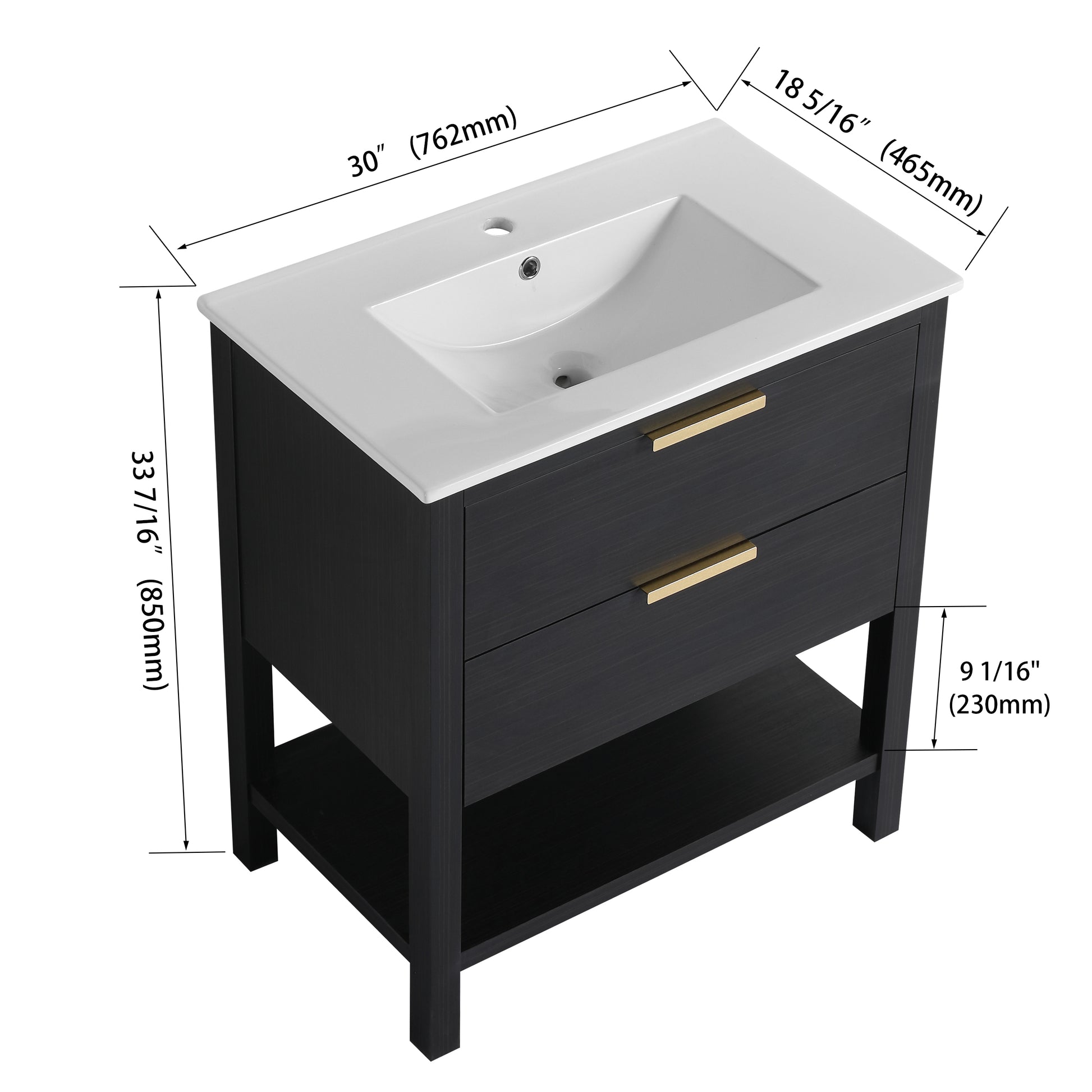 30 Inch Bathroom Vanity With Sink And 2 Soft Close Drawers, Golden Handle Bvb01030Bctg Bl9075B Black Chestnut Bathroom Modern Plywood