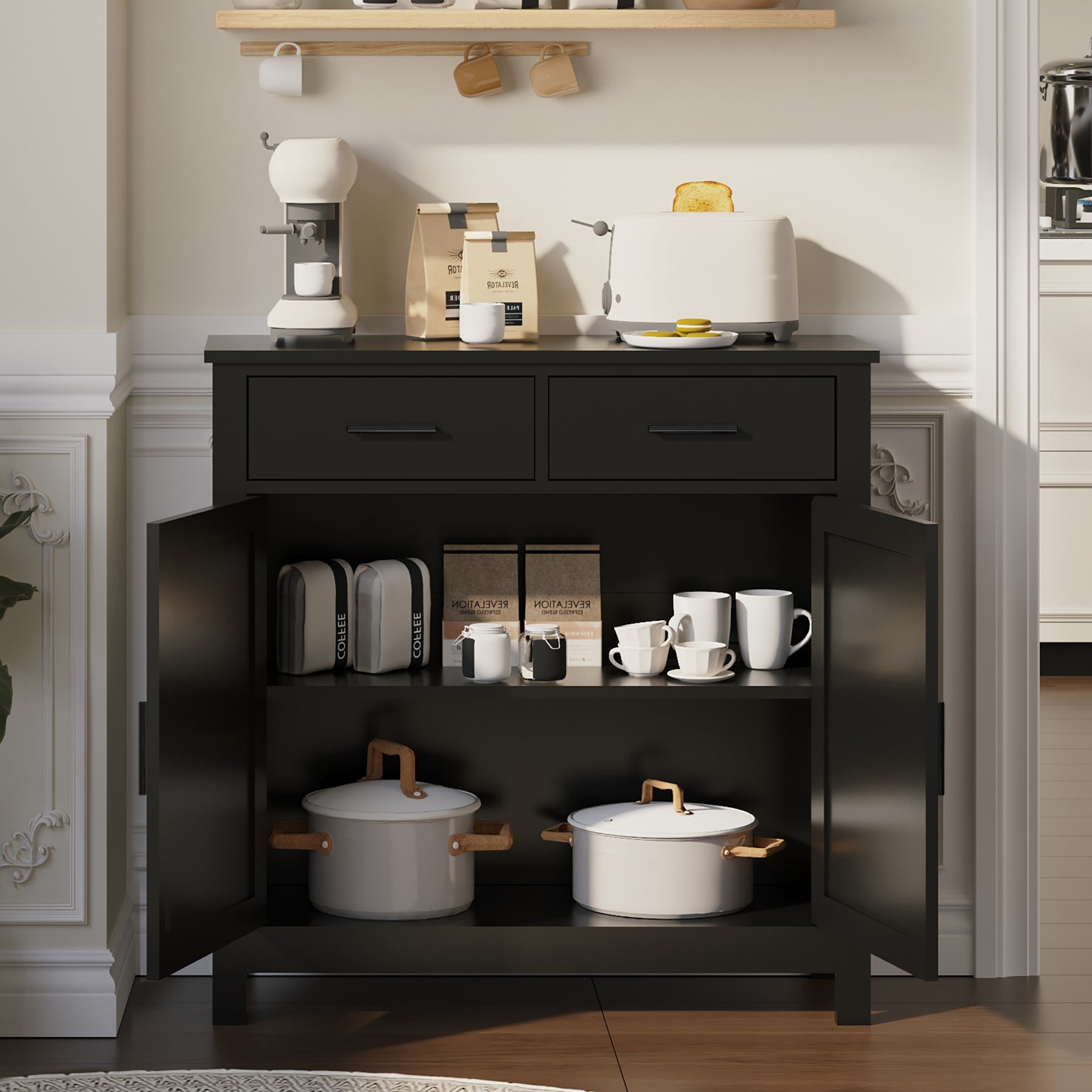 Kitchen Storage Cabinet, Modern Farmhouse Buffet Cabinet With Storage, Coffee Bar With 2 Drawers And 2 Doors, Floor Sideboard Buffet For Living Room, Dining Room, Bathroom, Black Black Particle Board