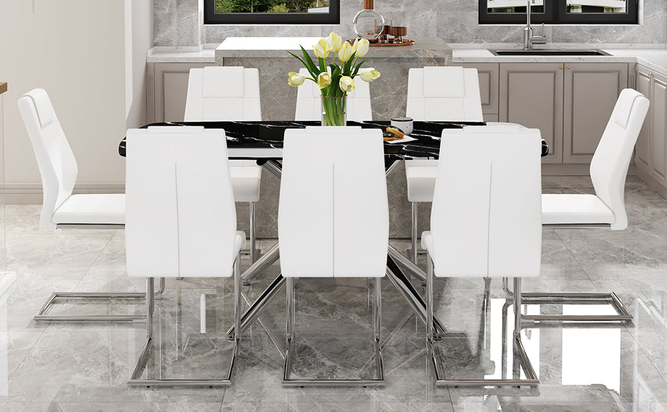 Table And Chair Set.Table And Chair Set.Modern Luxurious Black Marble Patterned Tempered Glass Dining Table With 8 White Pu Chairs.Multiple White High Quality Pu Dining Chairs With Silver Legs.