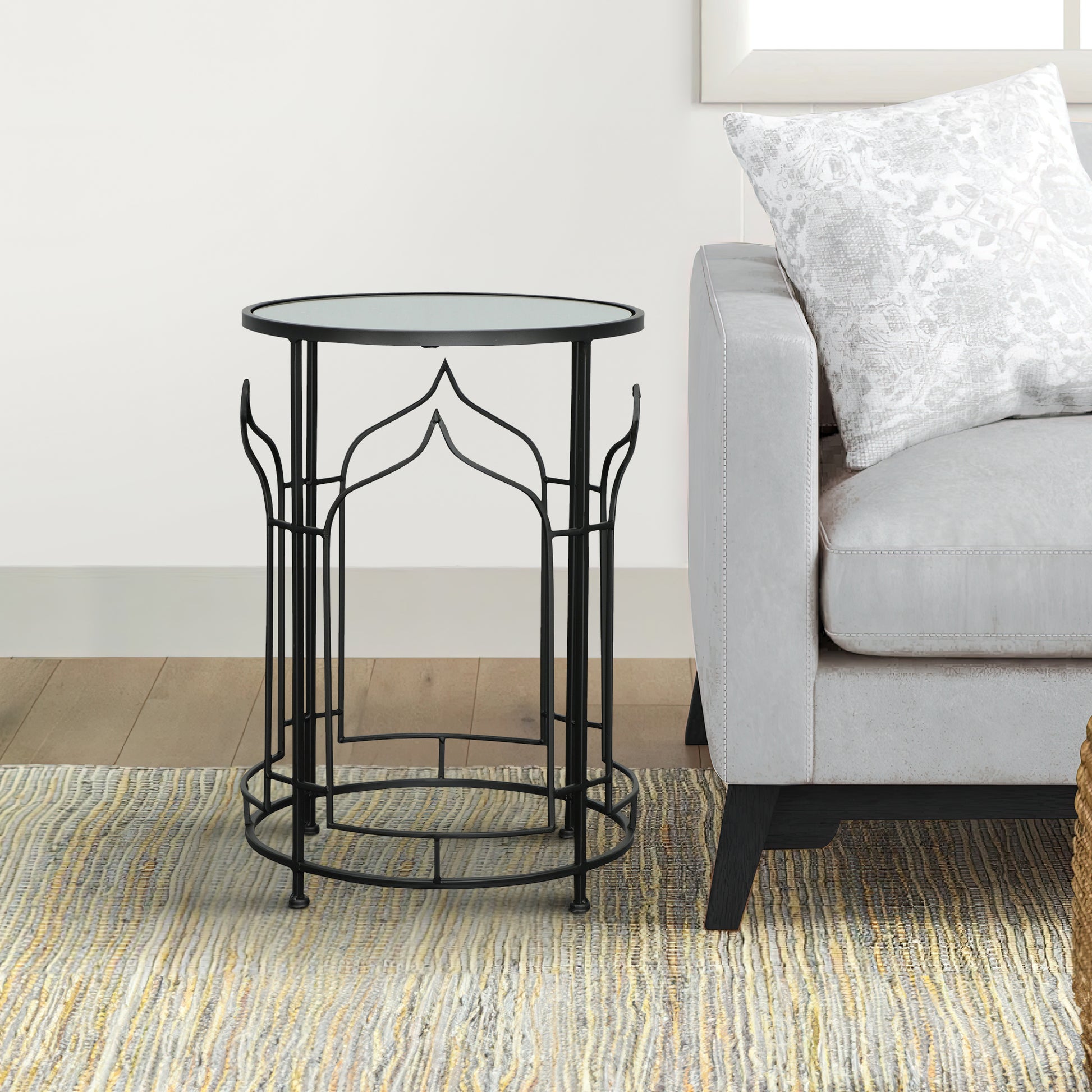 23 Inch Modern Side Table, Glass Top, Geometric Design, Set Of 2, Black Black Glass Metal