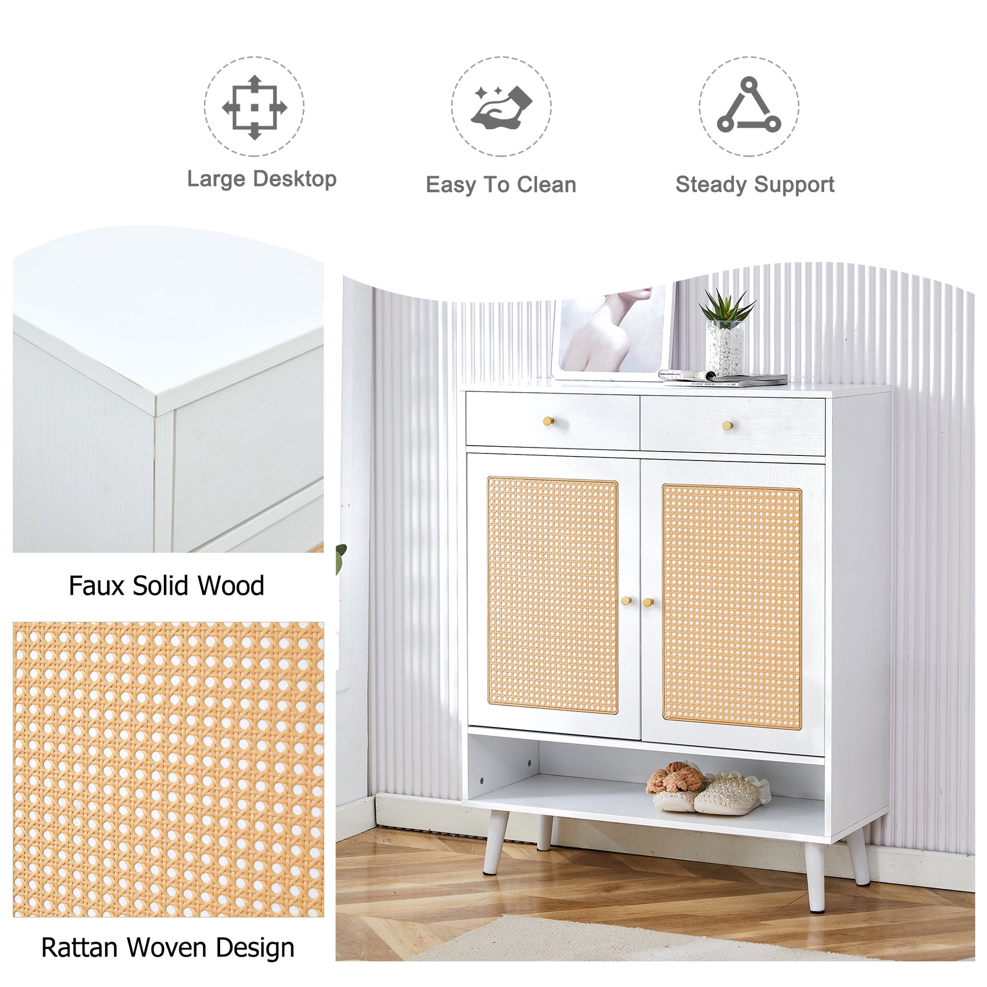 Modern Minimalist Storage Cabinet, Rattan Shoe Cabinet, Bed Top Cabinet. Beautiful Shape, Suitable For Corridors And Living Rooms. White Mdf