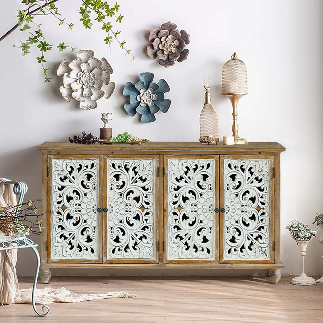 Accent Cabinet With 4 Doors, Farmhouse Sideboard Buffet Cabinet With Storage, Modern Credenza Storage Cabinet With Wood Carved Floral Doors For Living Room, Dining Room, Entryway, Hallway, Kitchen Accent Chests 3 4 Spaces Painted Or Hand Painted Antique