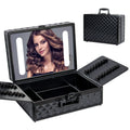 Portable Makeup Case With Led Mirror Travel Makeup Bag Cosmetic Organizer Box With Locks, Brush Holder, Dividers, Rechargeable, Black Black Aluminium Alloy