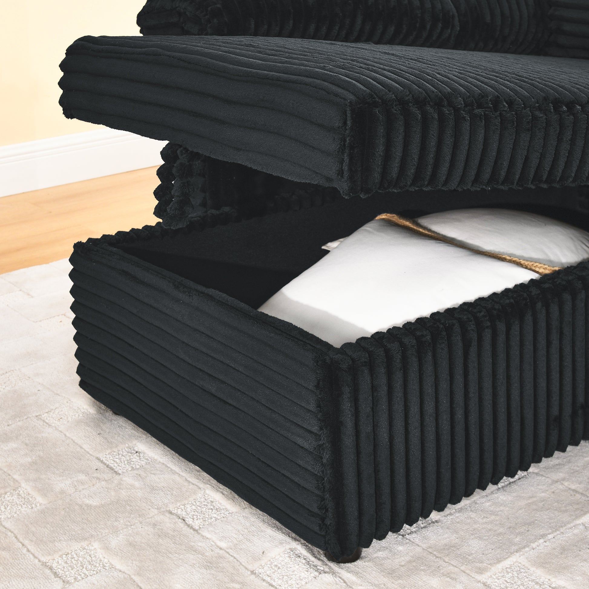 Corduroy Tufted Upholstered Sleeper Sectional Sofa, L Shaped Modular Convertible Sofa With Reversible Storage Chaise, Pull Out Sleep Couch Bed And Reclining Backrest Perfect For Living Space, Black Full Black Corduroy