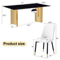 Table And Chair Set.The Table Has A Glass Top With Imitation Marble Pattern Stickers And Stainless Steel Golden Legs. Paried With Chairs With Pu Artificial Leather Backrest Cushions And Black Legs. Black Gold Seats 6 Glass Metal