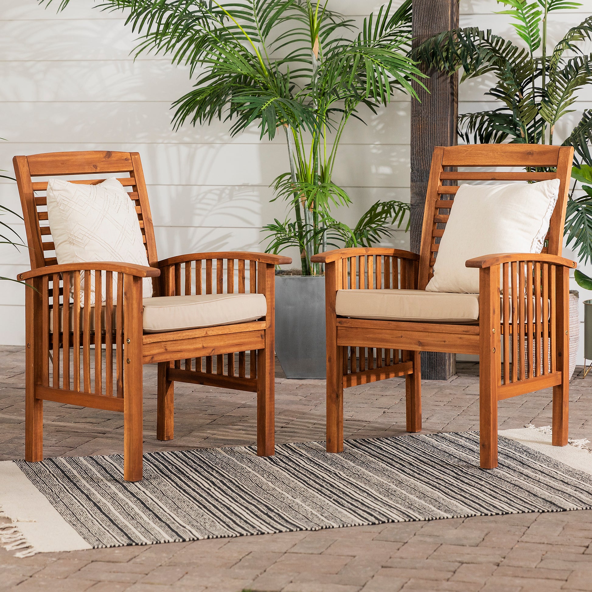 Modern 2 Piece Slat Back Patio Chairs With Cushions Brown Brown Polyester Acacia Wood