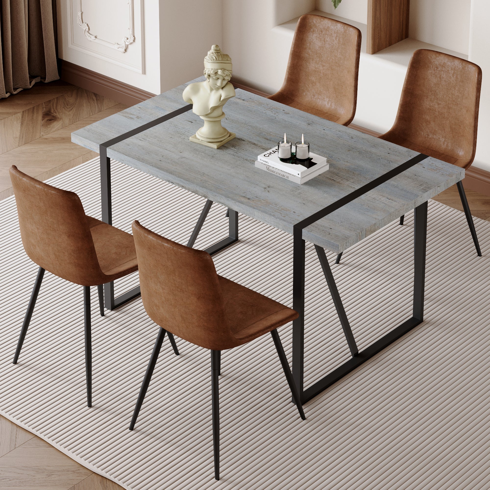 Table And Chair Set. Modern Minimalist Grey Marble Textured Mdf Dining Table With Metal Frame. Paired With 4 Chairs With Soft Suede Cushions And Black Metal Legs. Brown Seats 4 Mdf Metal