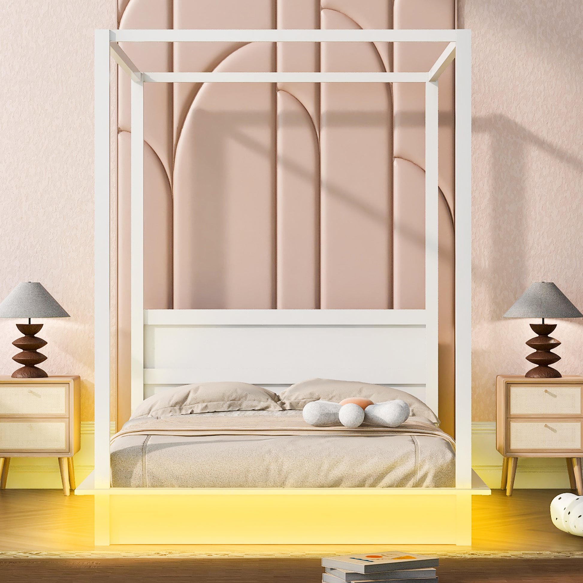 Full Size Wood Led Canopy Bed ,Canopy Platform Bed With Support Slats, No Box Spring Needed, White Full White Plywood