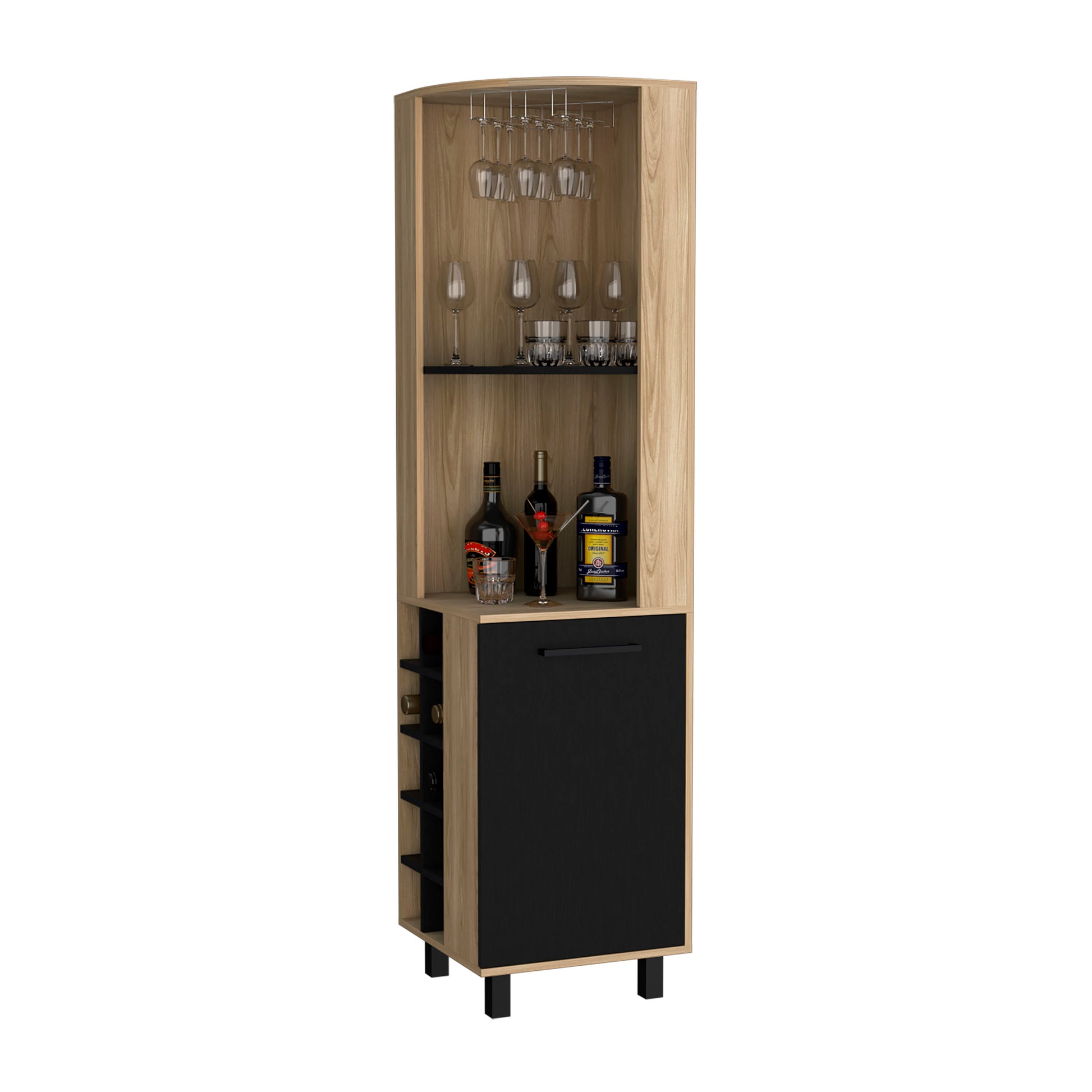 Leah Corner Bar Cabinet In Melamine, Glass Holder, Wine And Wine Rack. Freestanding 5 Or More Spaces Multicolor Primary Living Space Open Storage Space Contemporary Pine Particle Board Melamine