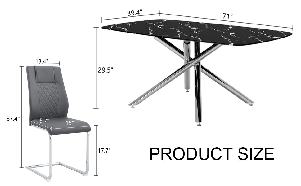 Table And Chair Set.Table And Chair Set.Modern Luxurious Black Marble Patterned Tempered Glass Dining Table With 8 Dark Gray Pu Chairs.Multiple High Quality Pu Dining Chairs With Silver Legs. Dark