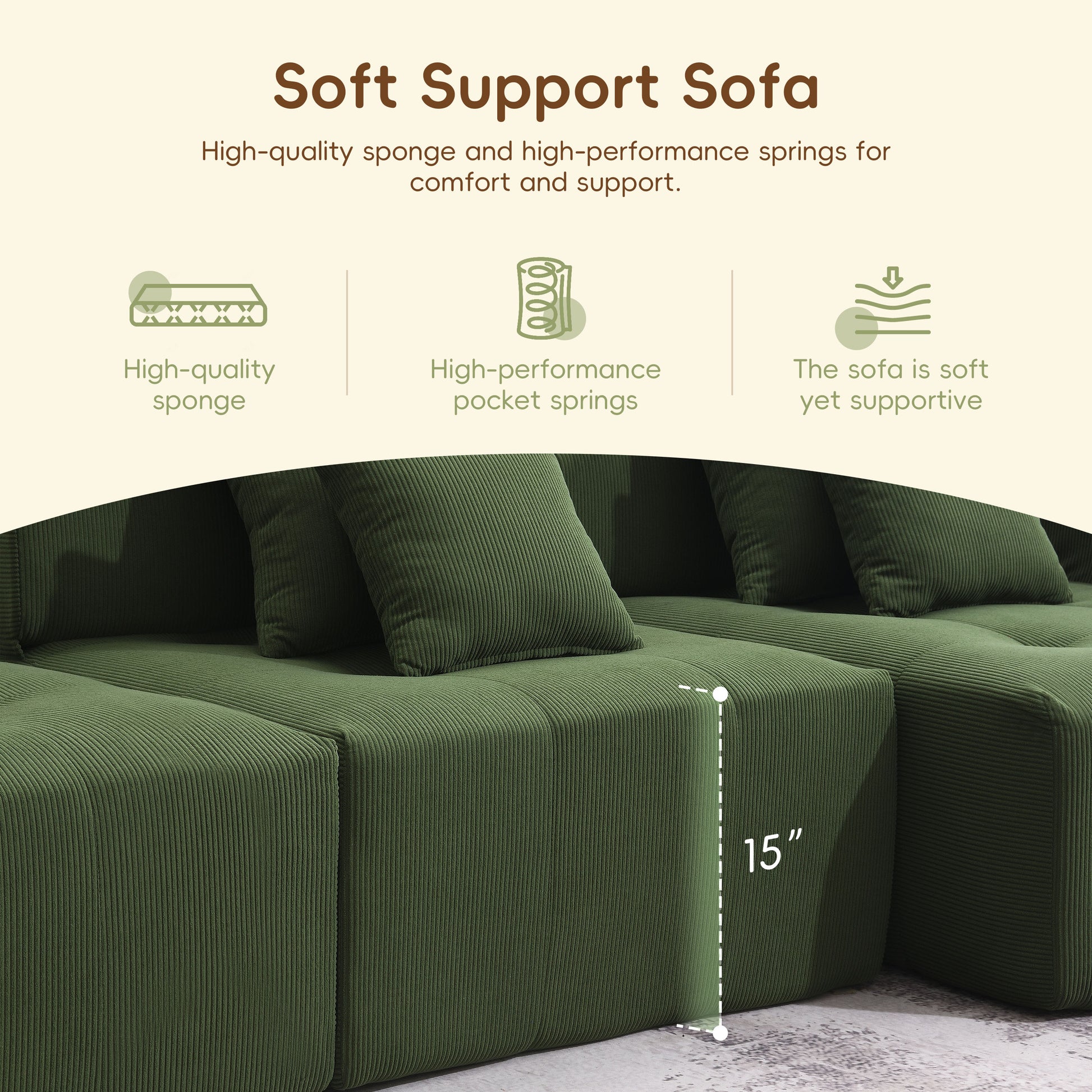 105.5'' L Shaped Modular Sectional Sofa,Minimalist Corduroy Floor Couch Set,Convertible Foam Filled Cloud Couch For Living Room,3 Pc Free Combination,No Assembly Required,3 Colors Green Corduroy 4 Seat