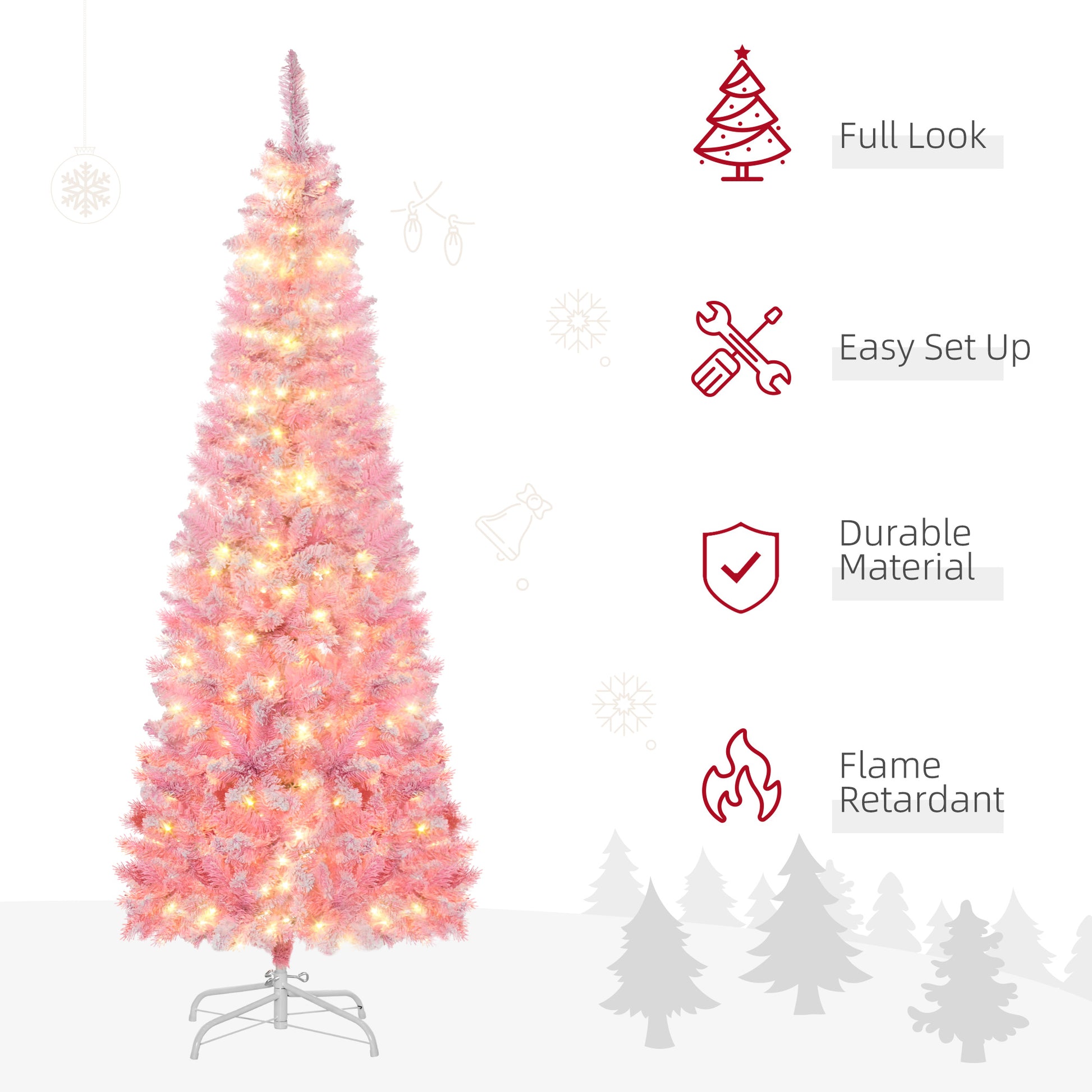 Homcom 6Ft Prelit Snow Flocked Artificial Christmas Tree With Pencil Shape, Pine Realistic Branches, Warm White Led Lights, Auto Open, Pink And White Pink Plastic