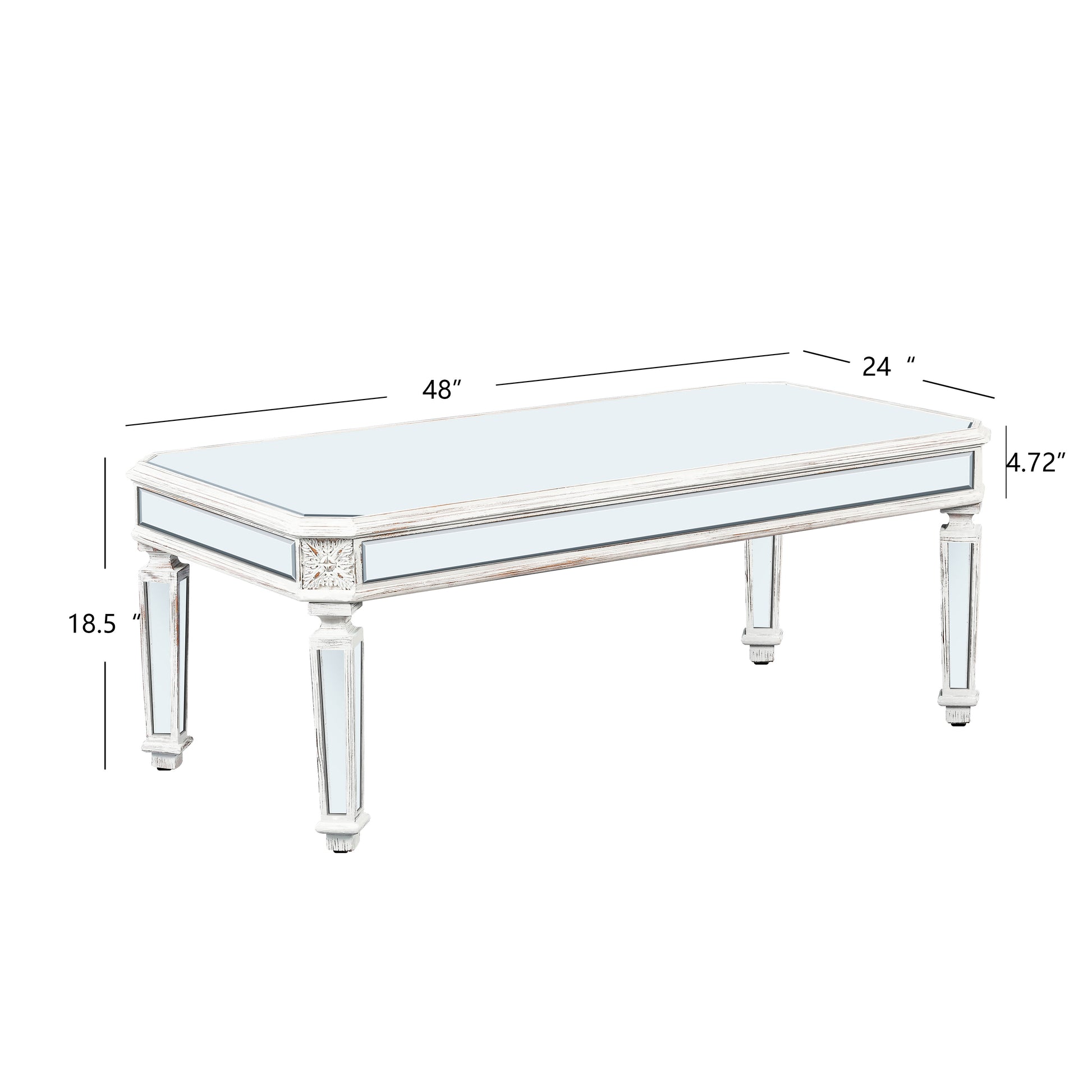 Silver Mirrored Coffee Table, Vintage Carved Elements, Rectangle Glass Tea Table With Mirrored Finish, Modern Center Table For Living Room And Office 24" D X 48" W X 18" H Oak Silver White Mirrored