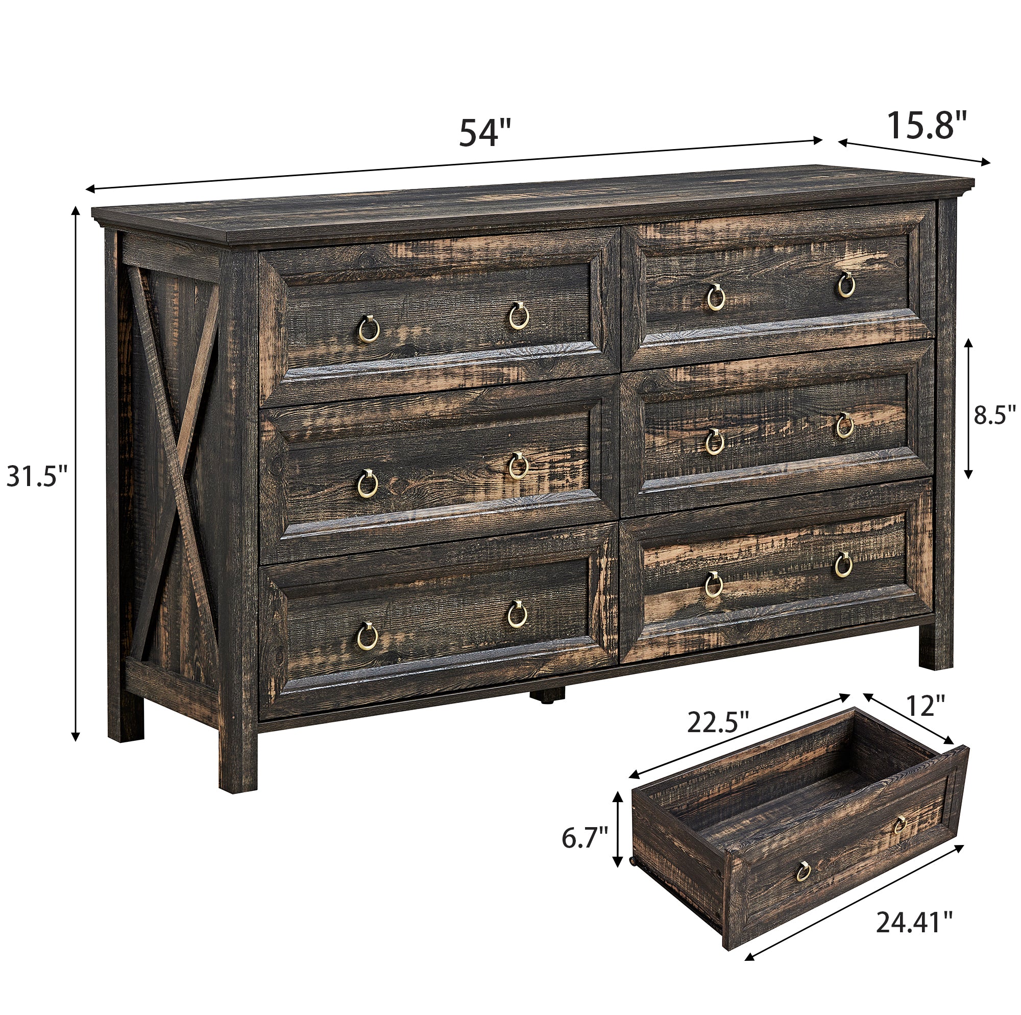 Farmhouse 6 Drawers Dresser For Bedroom, Wood Rustic Wide Chest Of Drawers, Storage Dressers Organizer For Bedroom, Living Room, Hallway,Dark Rustic Oak Dark Oak Mdf