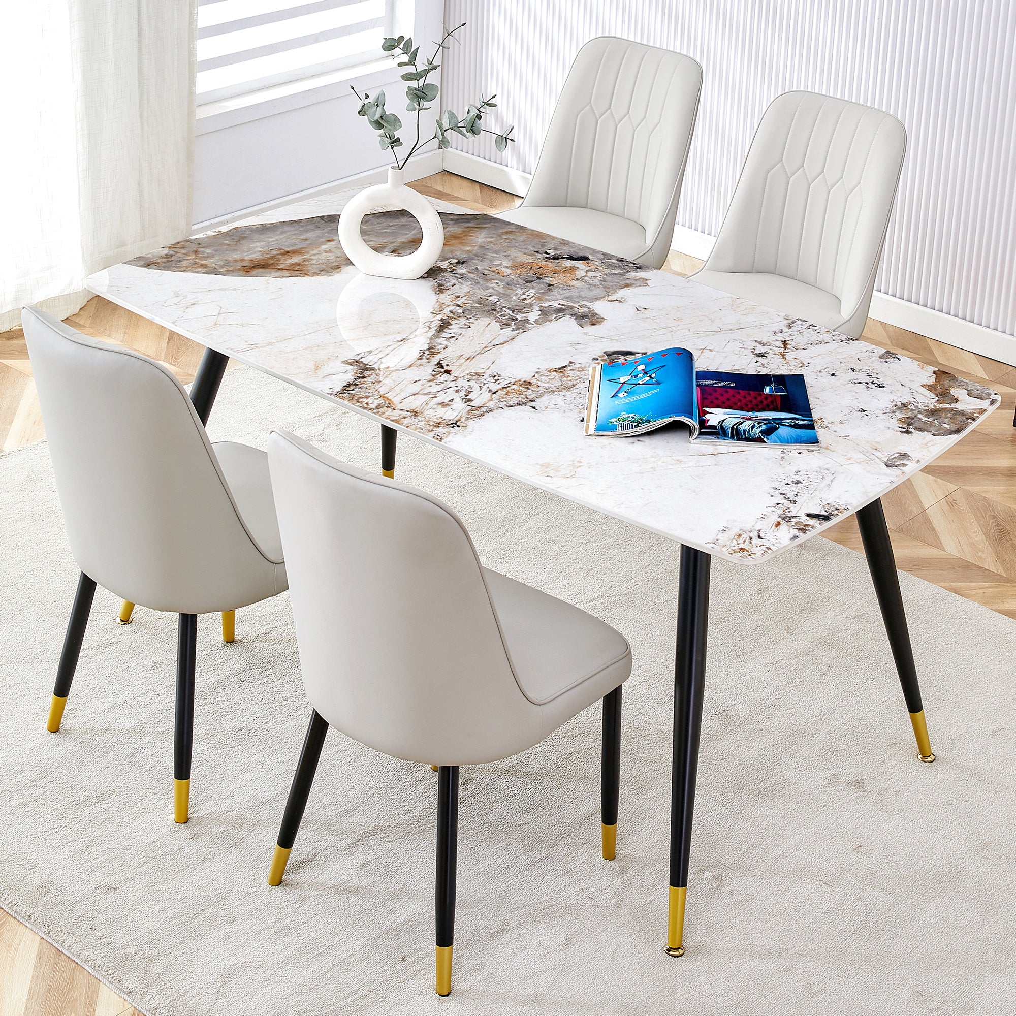 Modern Minimalist Dining Table. Imitation Marble Patterned Stone Burning Tabletop With Black Metal Legs.Modern Dining Chair With Pu Artificial Leather Backrest Cushion And Black Metal Legs.F 001 C 007 Black Gold Sintered Stone