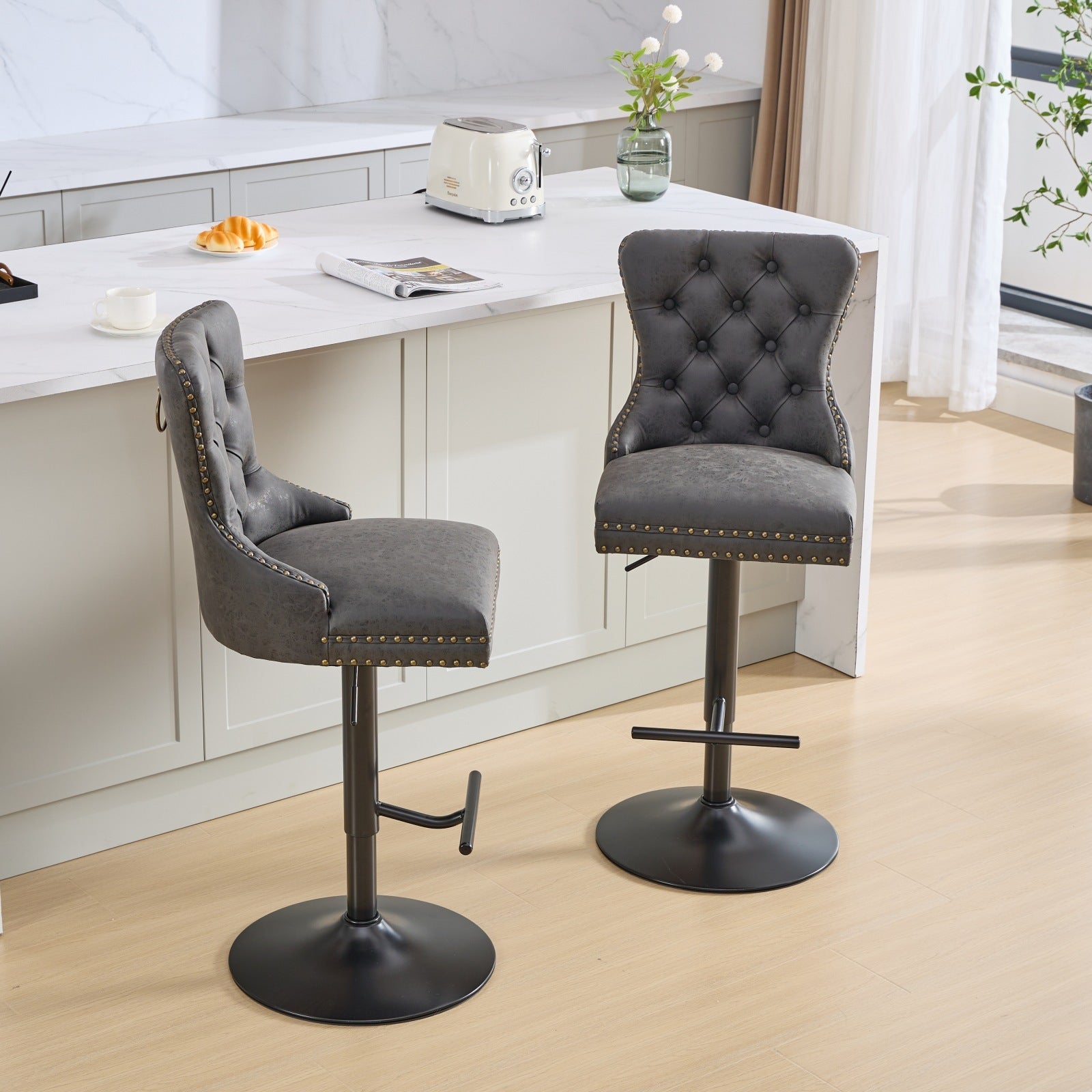 Aged And Retro Pu Swivel Barstools Adjusatble Seat Height From 25 33 Inch, Modern Bar Stools With Backs Comfortable Tufted For Home Pub And Kitchen Island Black,Set Of 2 Black American Design Bar Stools Set Of 2 Foam Pu Leather