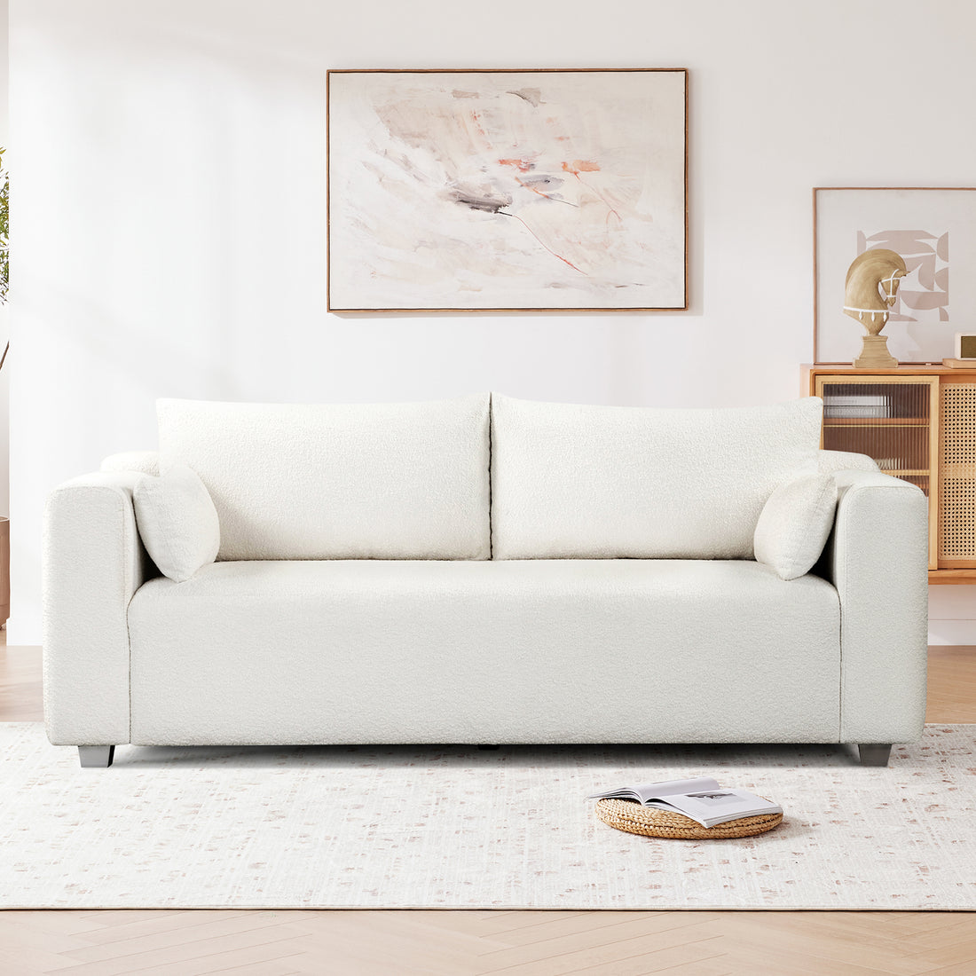 82*36" Modern Loop Yarn Fabric Sofa, One Piece Seat Frame, Minimalist 2 3 Seat Couch Easy To Install, Loveseats With Extra Wide Domed Arms For Living Room, Bedroom, Apartment, Office 2 Pillows White Fabric