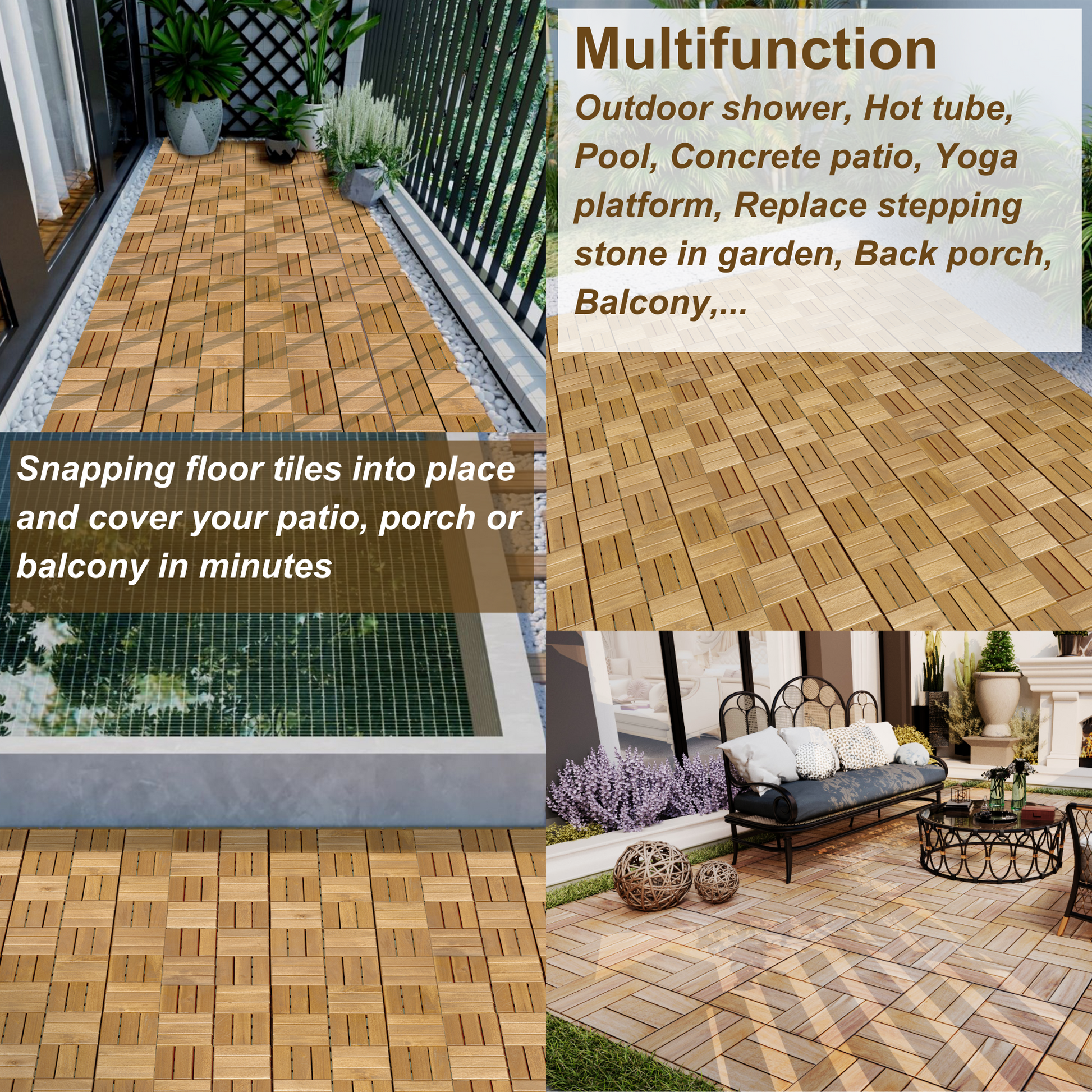 10 Pcs Interlocking Deck Tiles Checker Pattern, 12" X 12" Square Yellow Acacia Hardwood Outdoor Flooring For Patio, Bancony, Pool Side,.. Yellow Acacia Wood