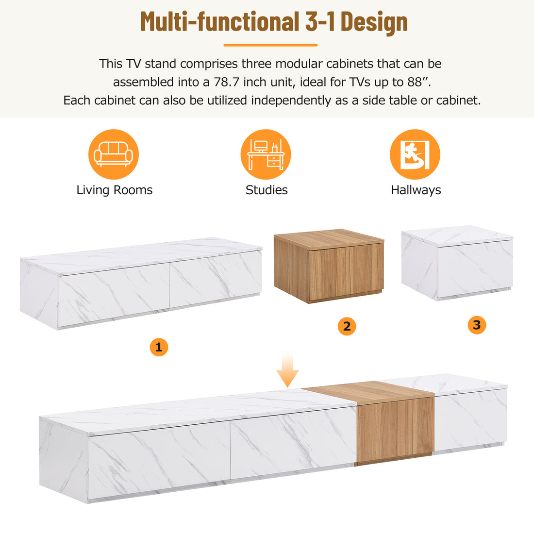 Tv Stand And Coffee Table With Faux Marble, Walnut Wood Grain Finish, Set Of 2, Modern Entertainment Center For Tvs Up To 88'', Center Table With 2 Storage Drawers For Living Room, White White 80 89 Inches Particle Board