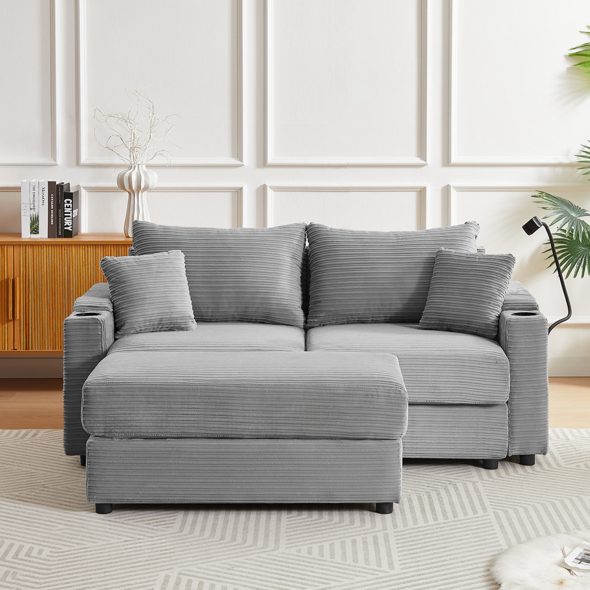 72.8" Modern Style Loveseat Sofa Sectional Sofa Couch With Storage Space, A Movable Ottoman, Two Usb Ports, Two Cup Holders, A Phone Holder For Living Room, Gray Gray Foam Corduroy 3 Seat